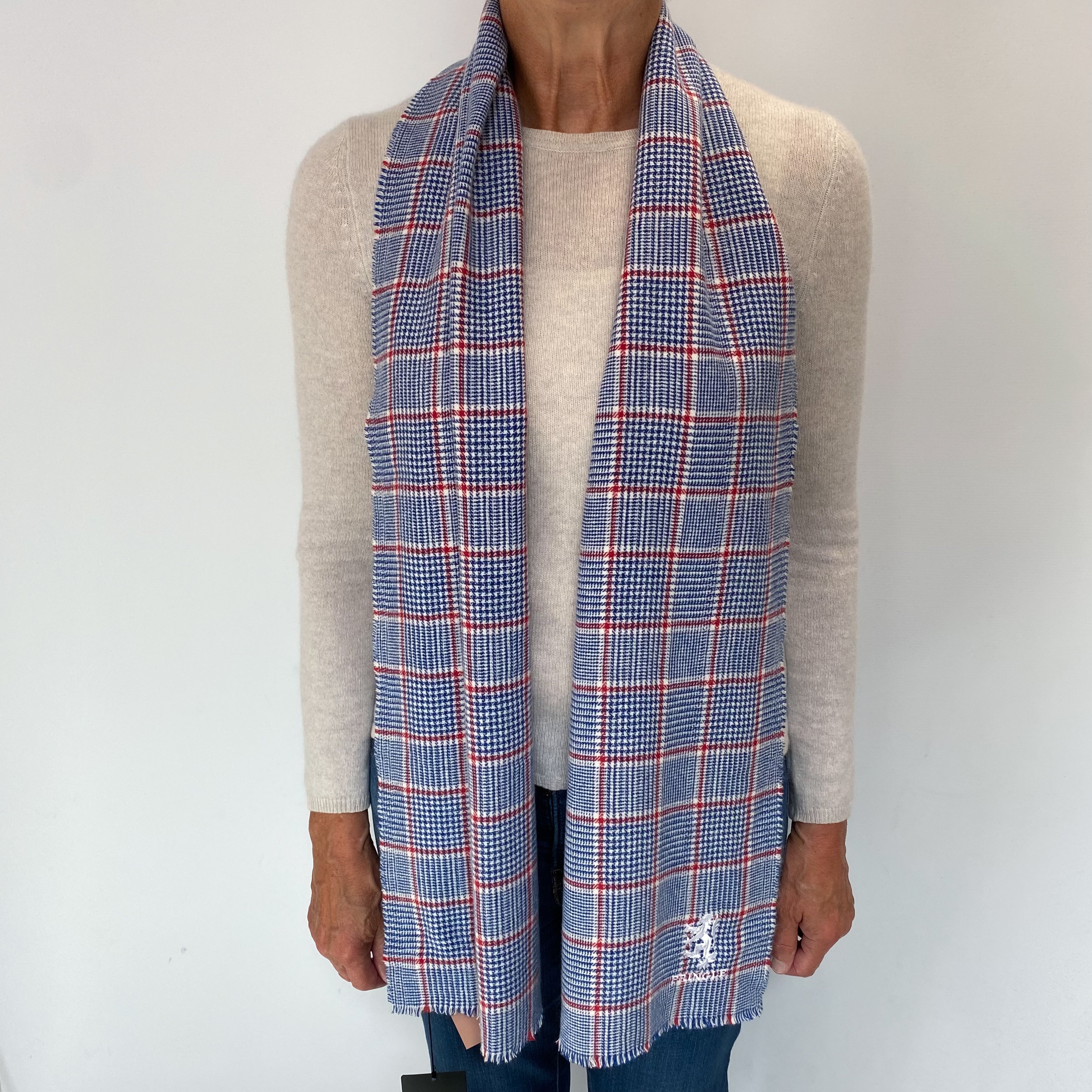 Pringle Blue Checked Cashmere Tasseled Woven Scarf