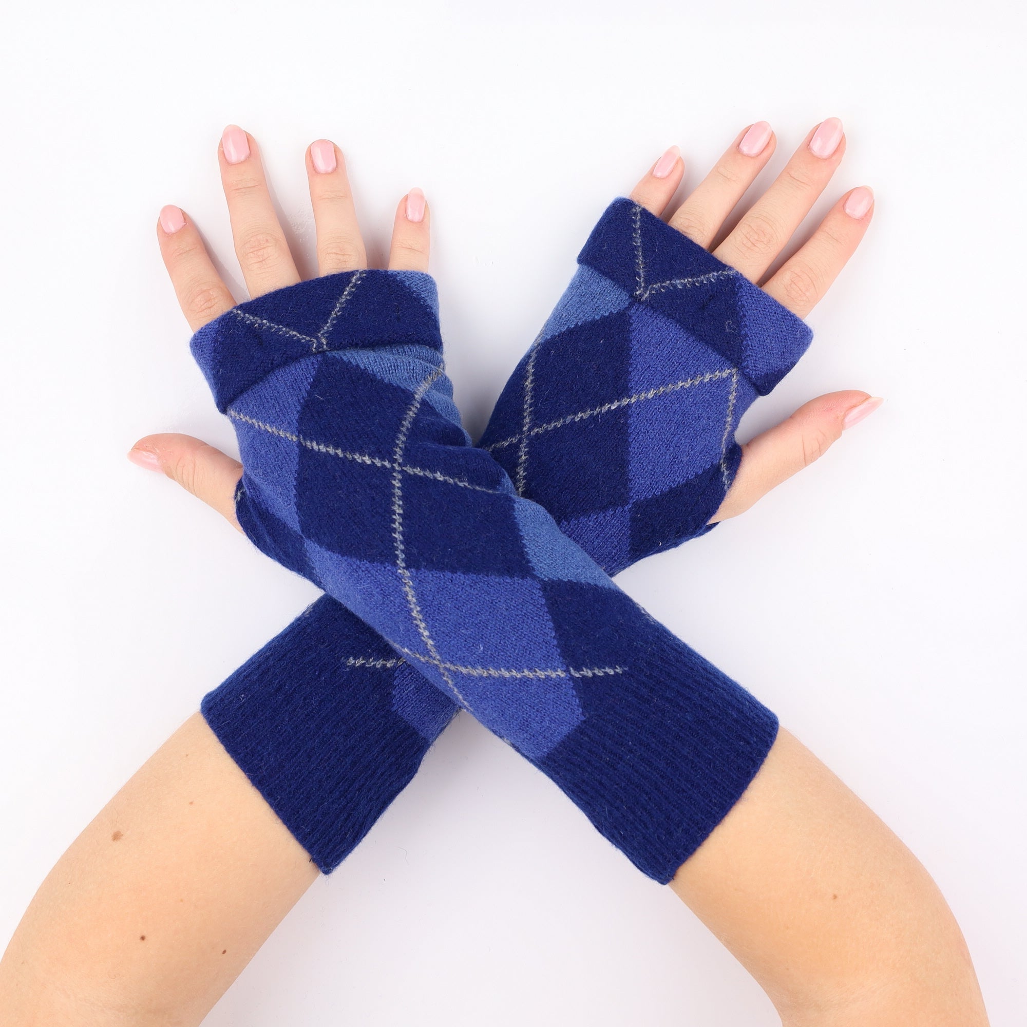 Blue Argyle Fingerless Gloves