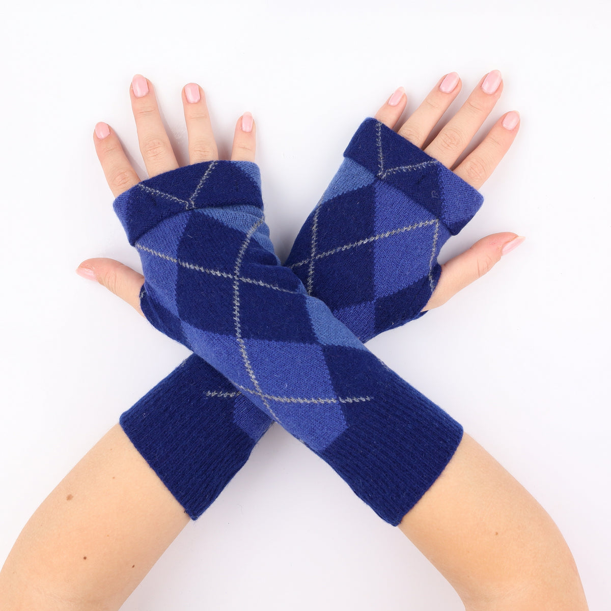 Blue Argyle Fingerless Gloves