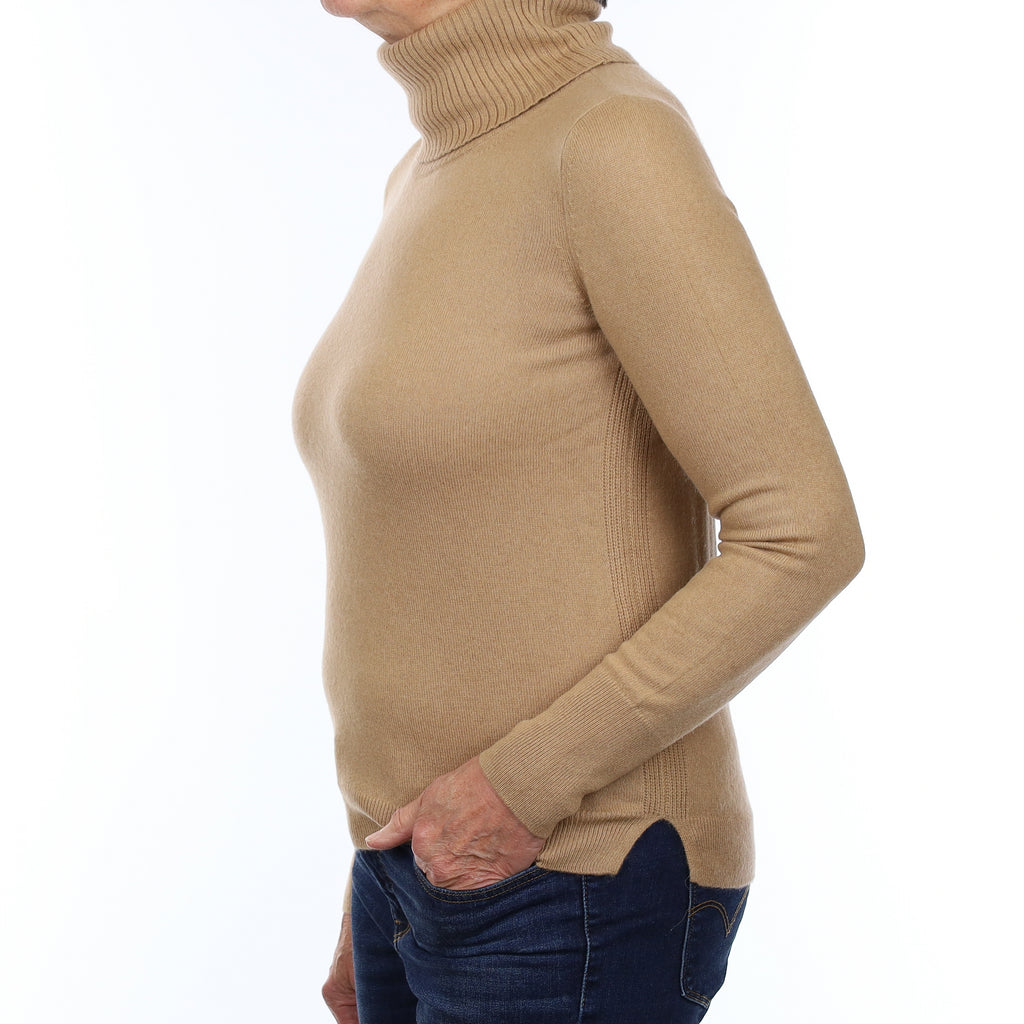 Camel Brown Cashmere Polo Neck Jumper Medium