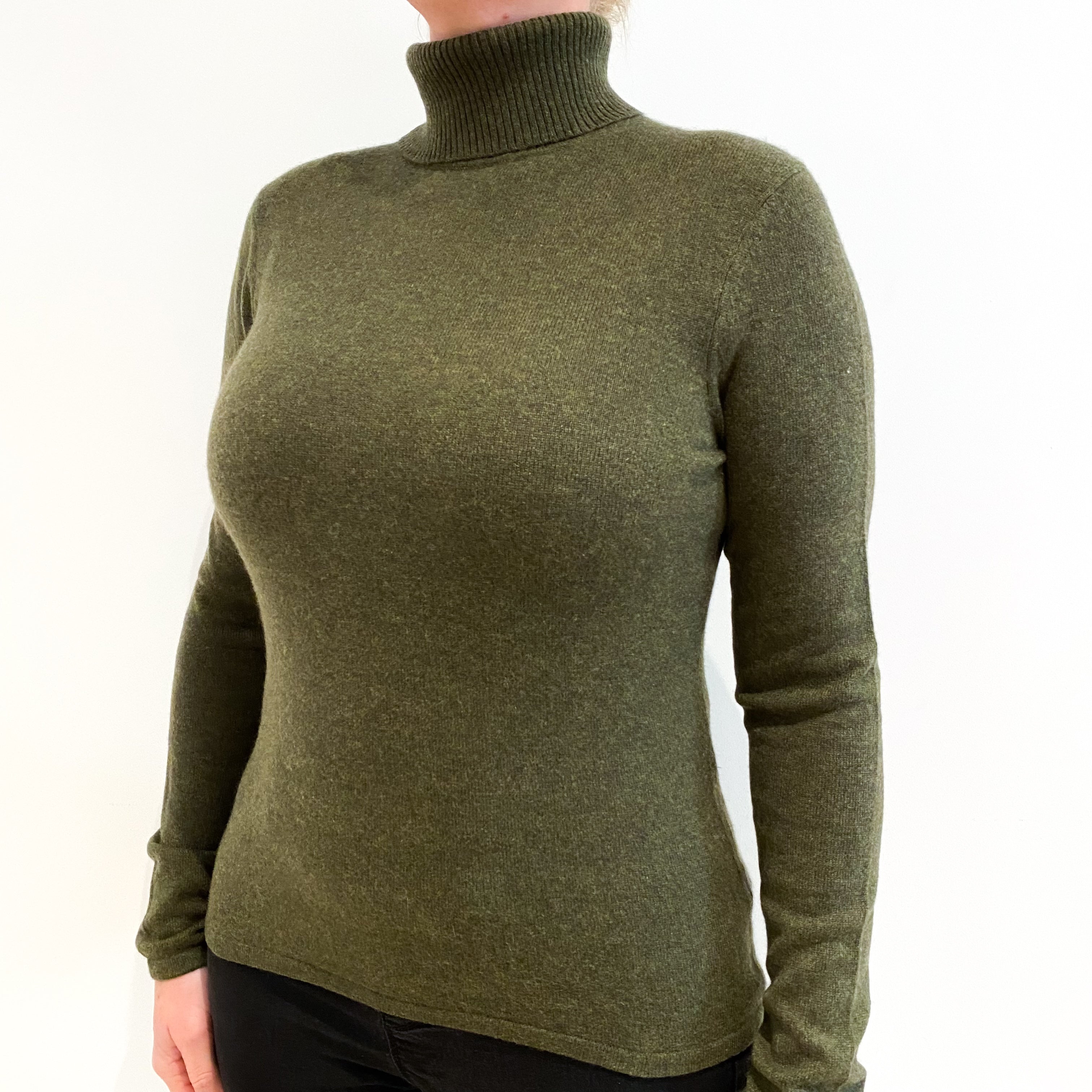 Deep Khaki Green Cashmere Polo Neck Jumper Large