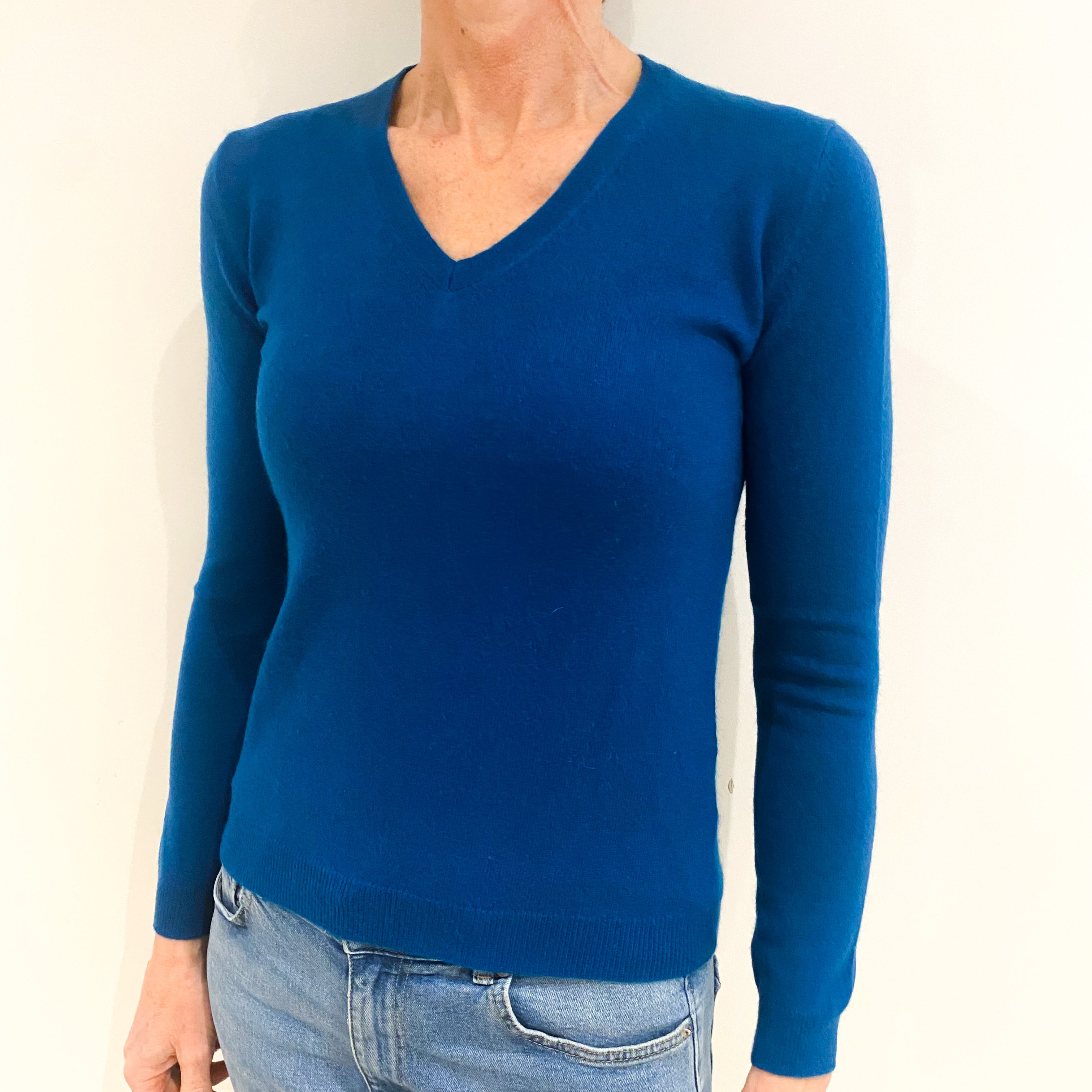 Teal Blue Cashmere V Neck Jumper Small