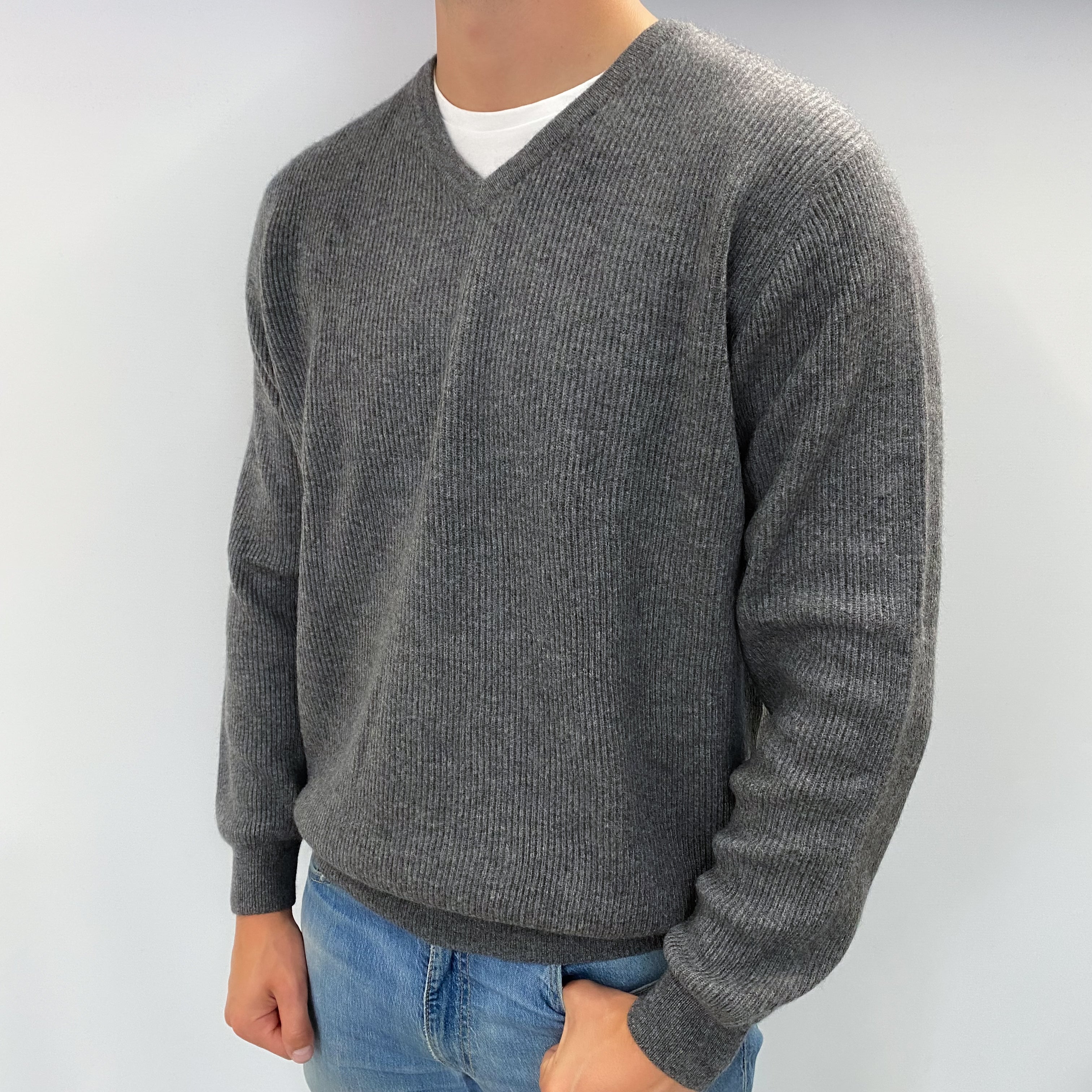 Men's Slate Grey Cashmere V Neck Ribbed Knit Jumper XL