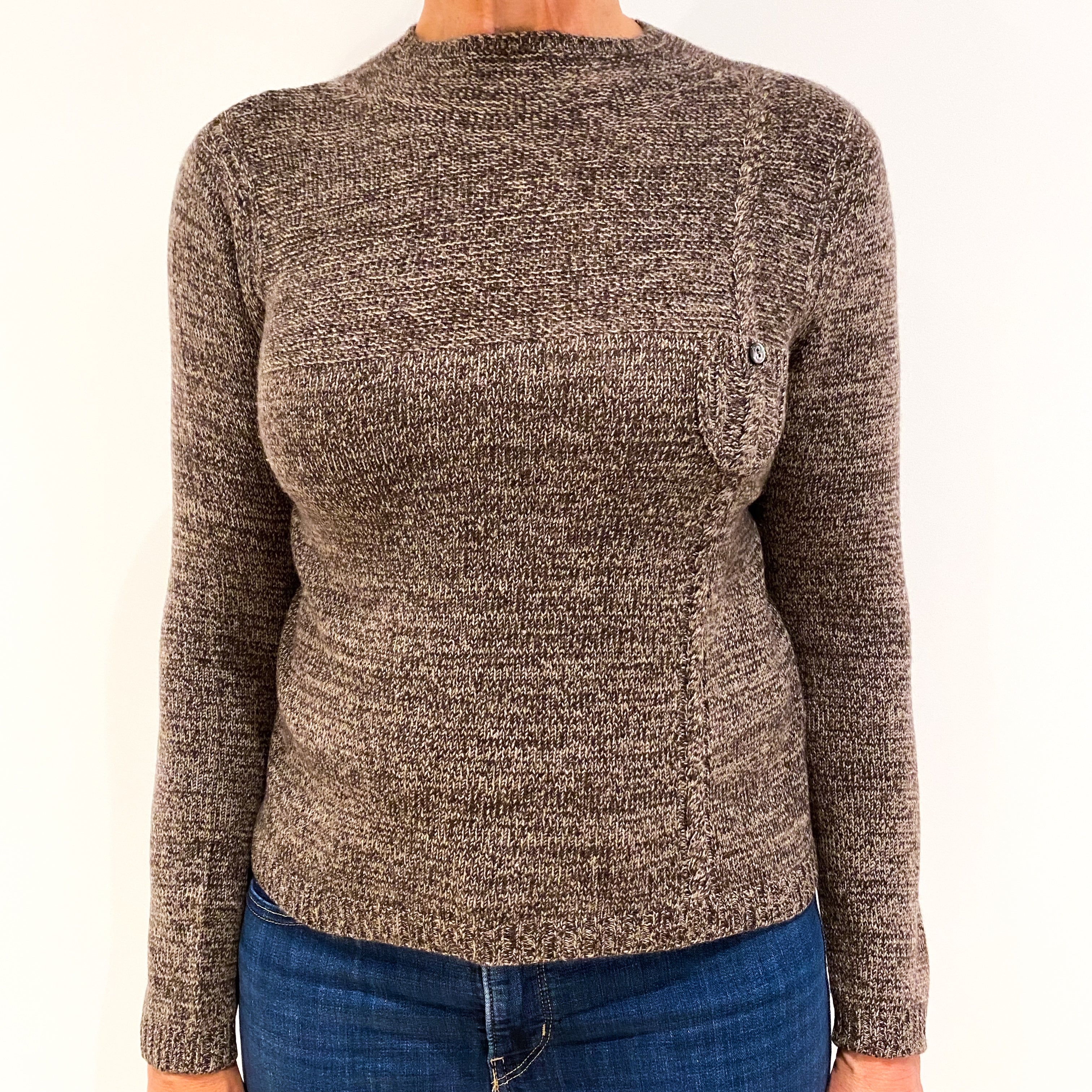 Beige and Brown Marl Cashmere Crew Neck Jumper Medium