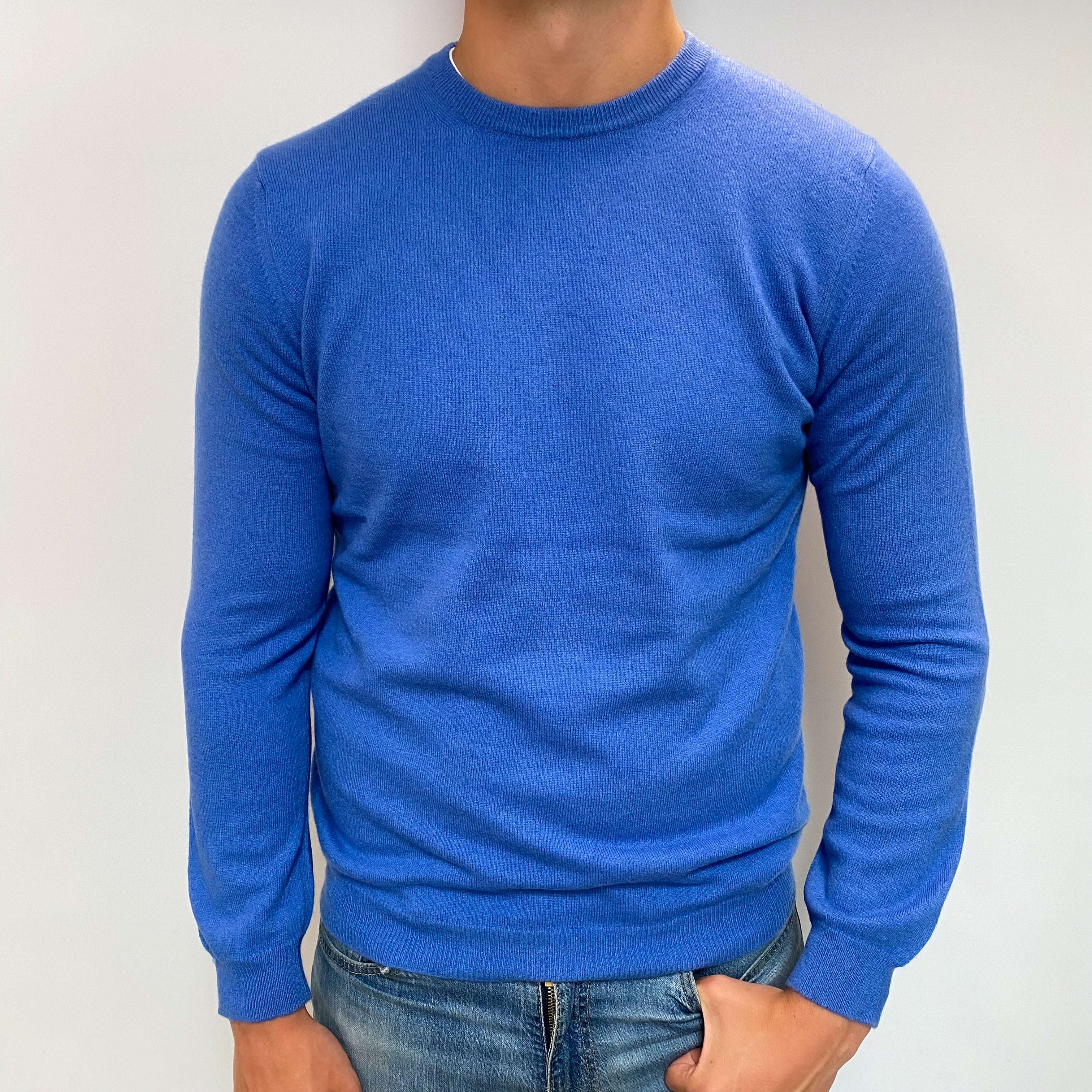 Men's Cornflower Blue Cashmere Crew Neck Jumper XL
