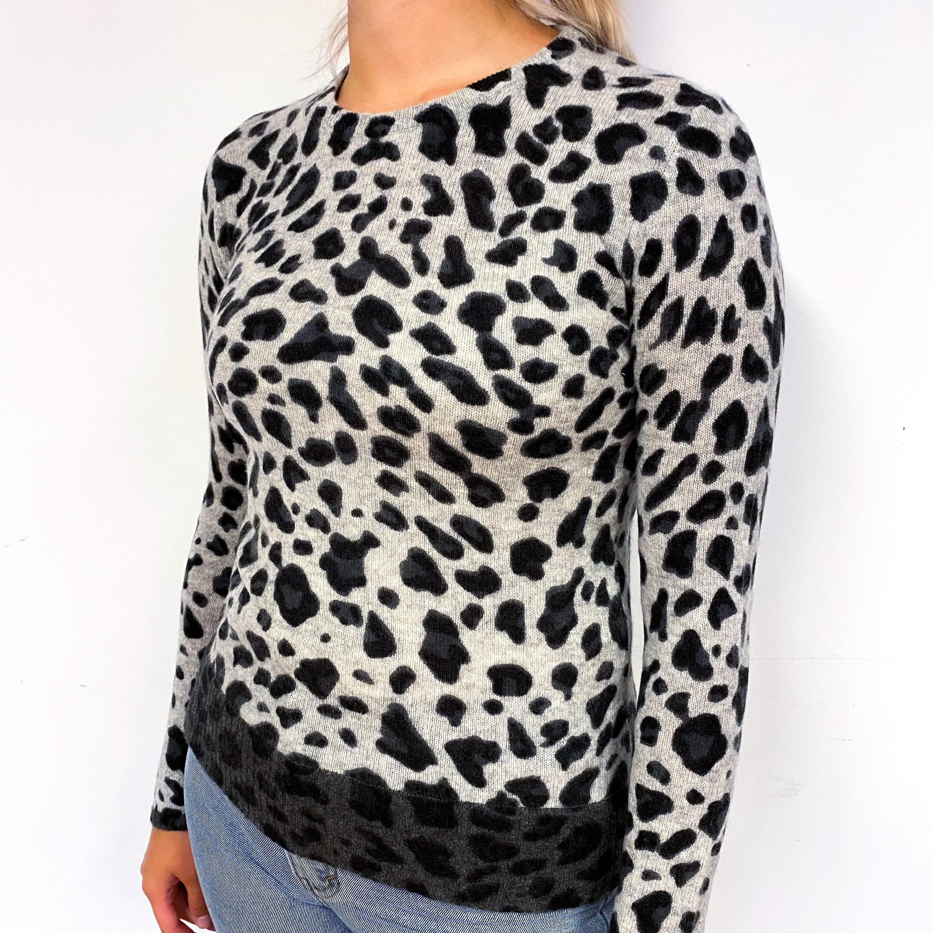 Slate Grey Black Leopard Print Cashmere Crew Neck Jumper Small