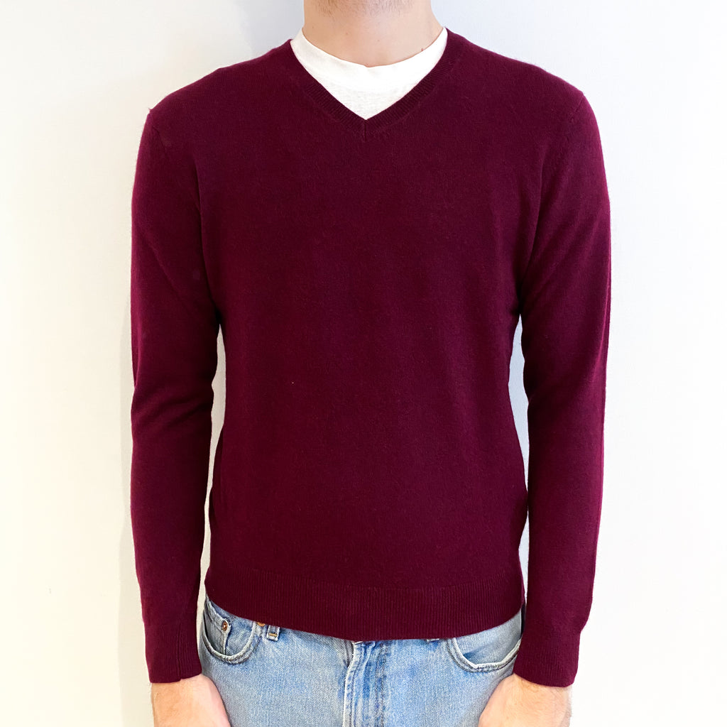Men's Mulberry Purple Cashmere V Neck Jumper Medium