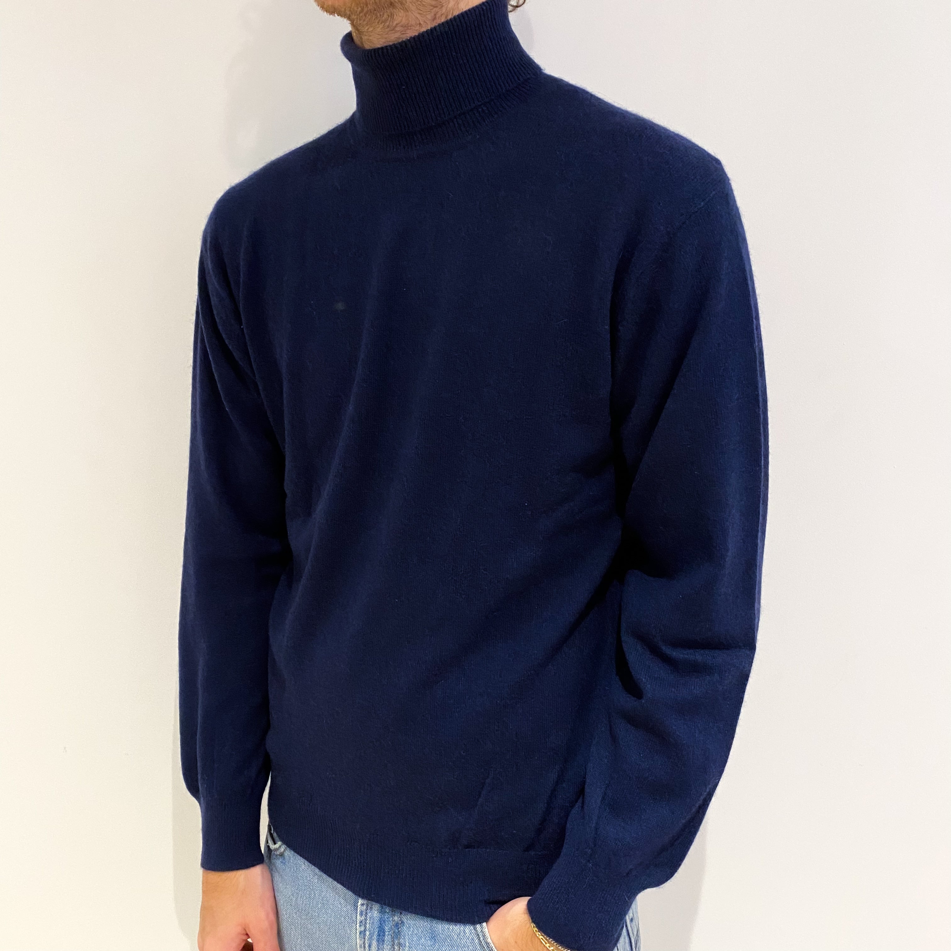 Men's French Navy Cashmere Polo Neck Jumper Medium