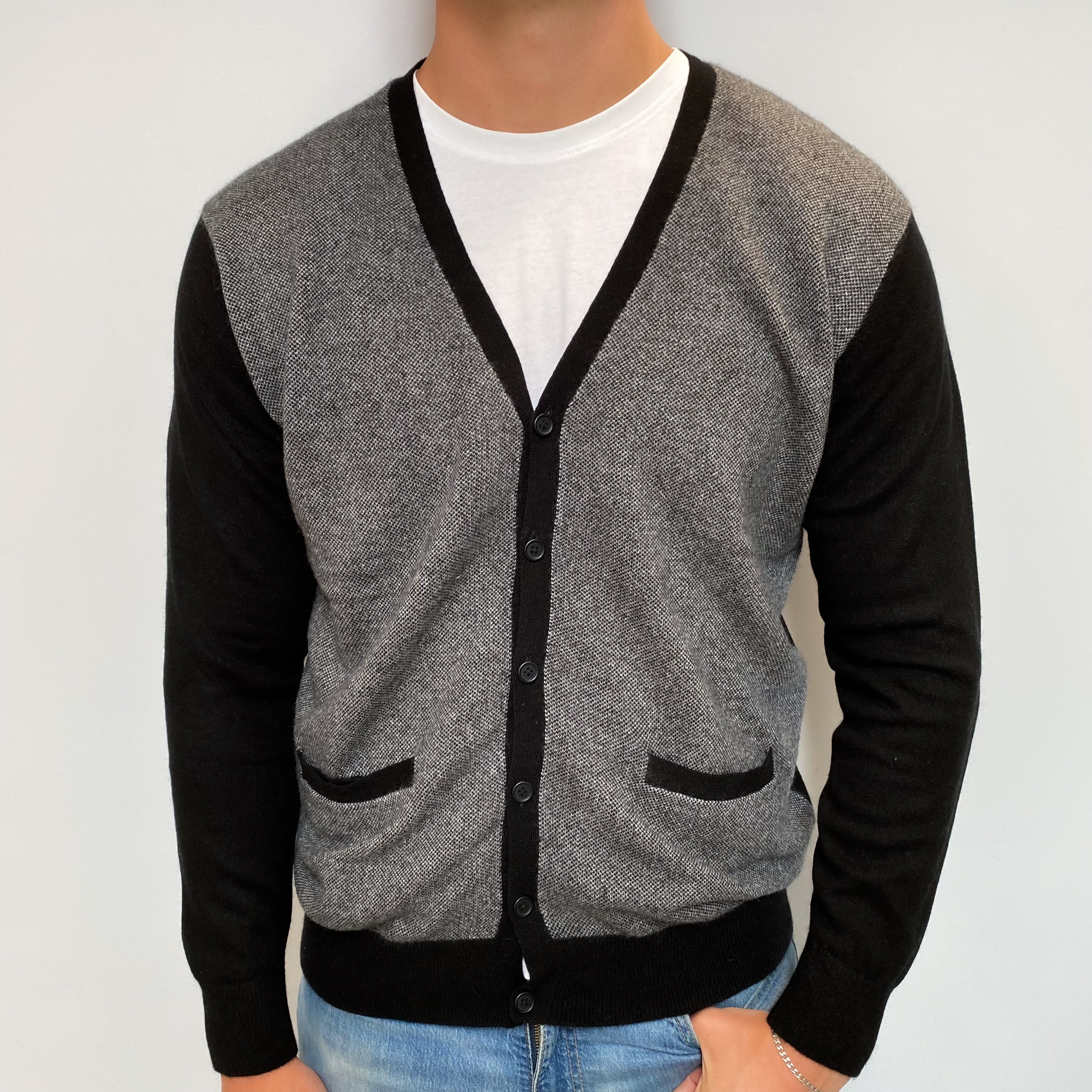 Men's Black And Grey Cashmere V Neck Cardigan XL