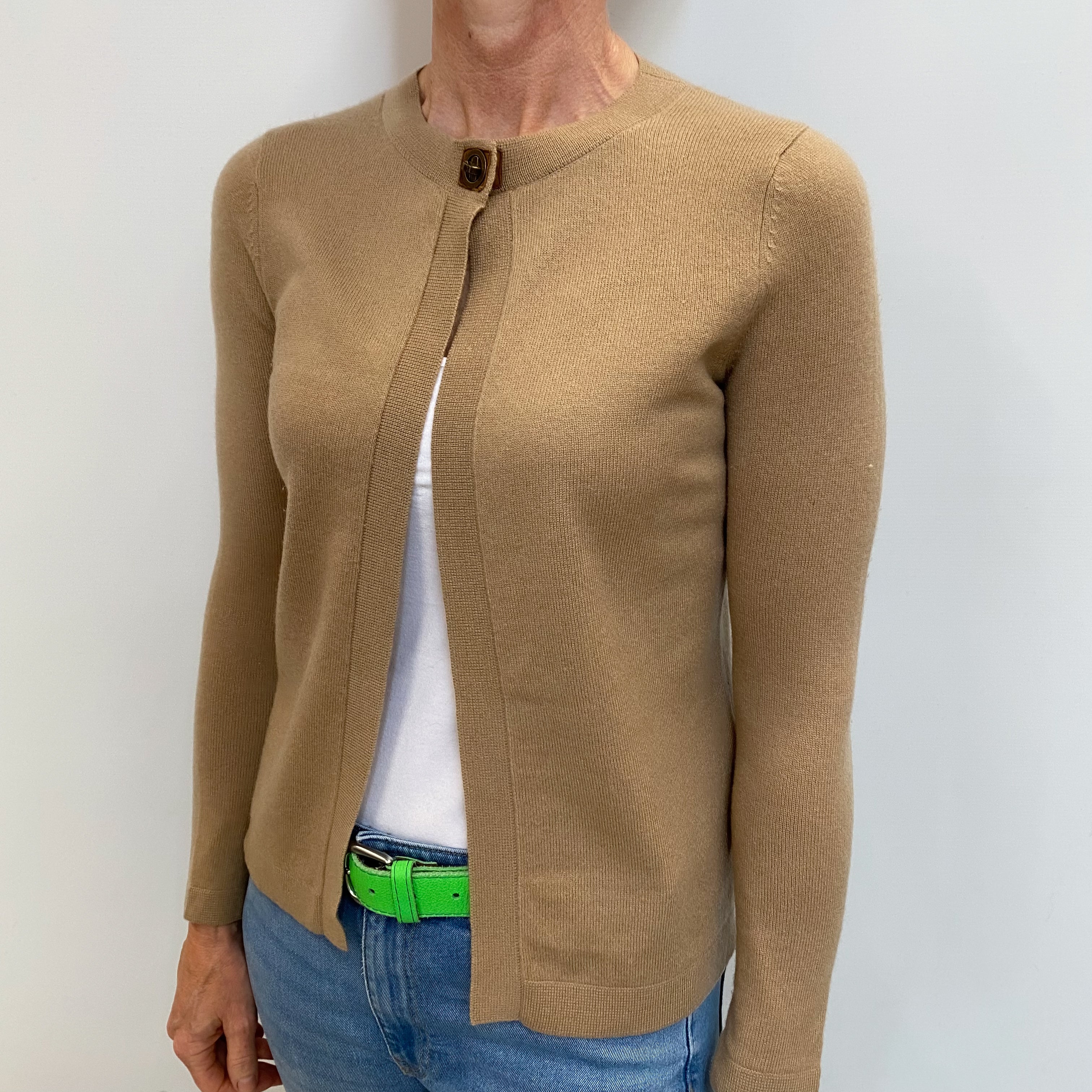 Camel Brown Cashmere Crew Neck Cardigan Small