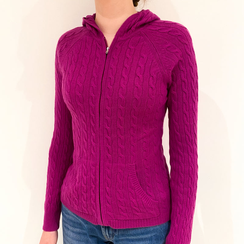 Magenta Pink Cashmere Hooded Cable Jumper Extra Small