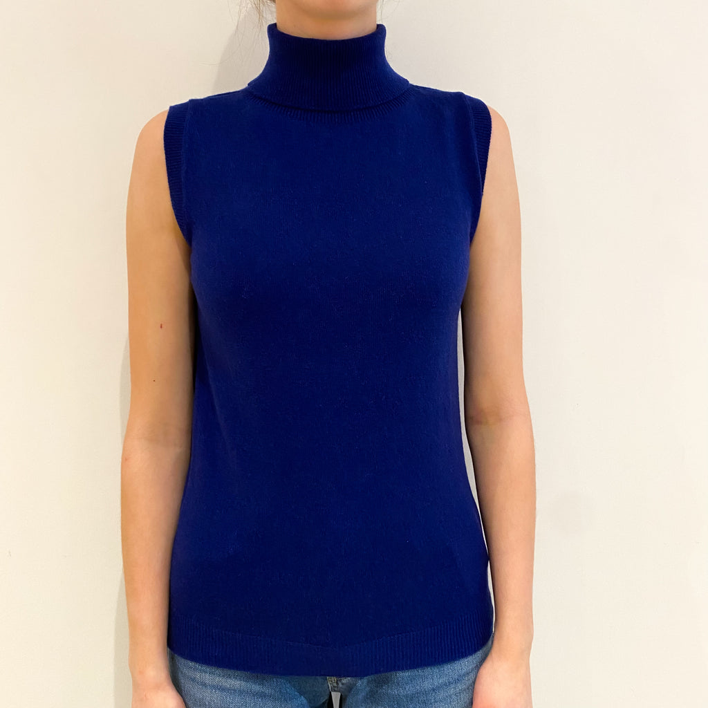 New Scottish Indigo Blue Cashmere Sleeveless Polo Neck Jumper Extra Small