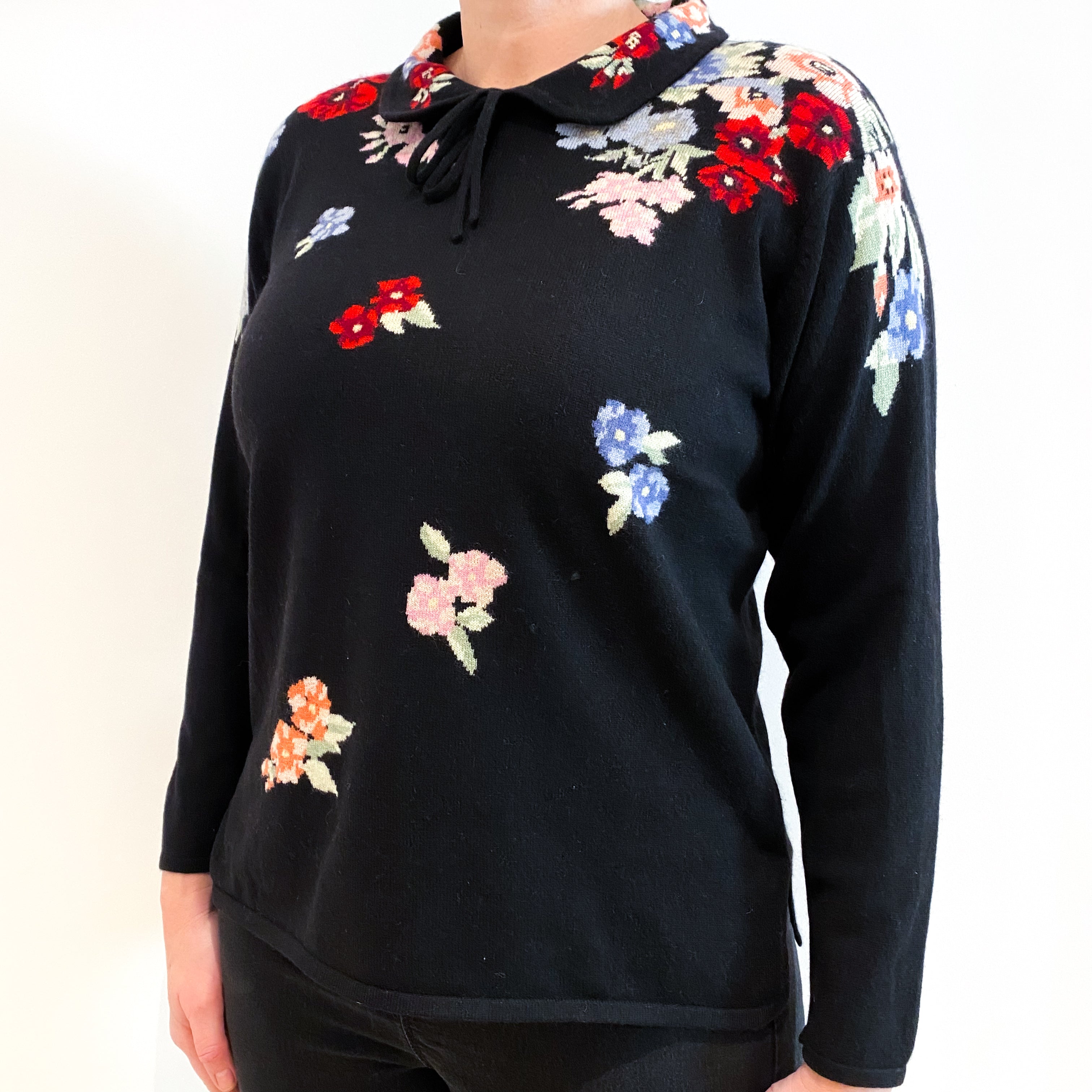 Black Floral Cashmere Collared Crew Neck Jumper Large