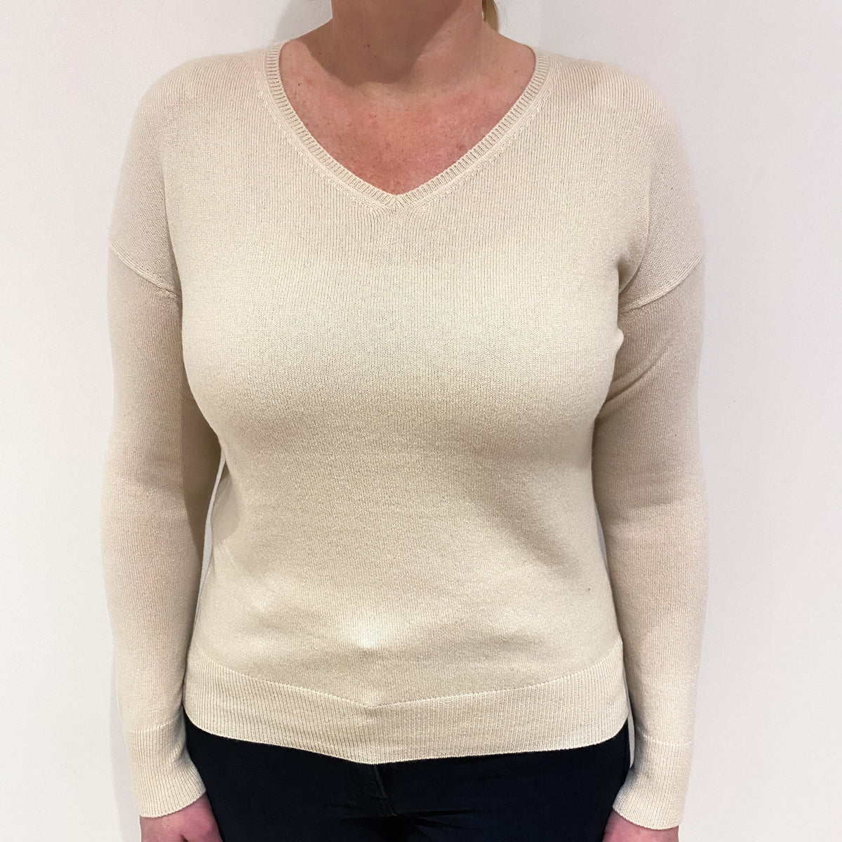 Honey Cream Cashmere V Neck Jumper Large