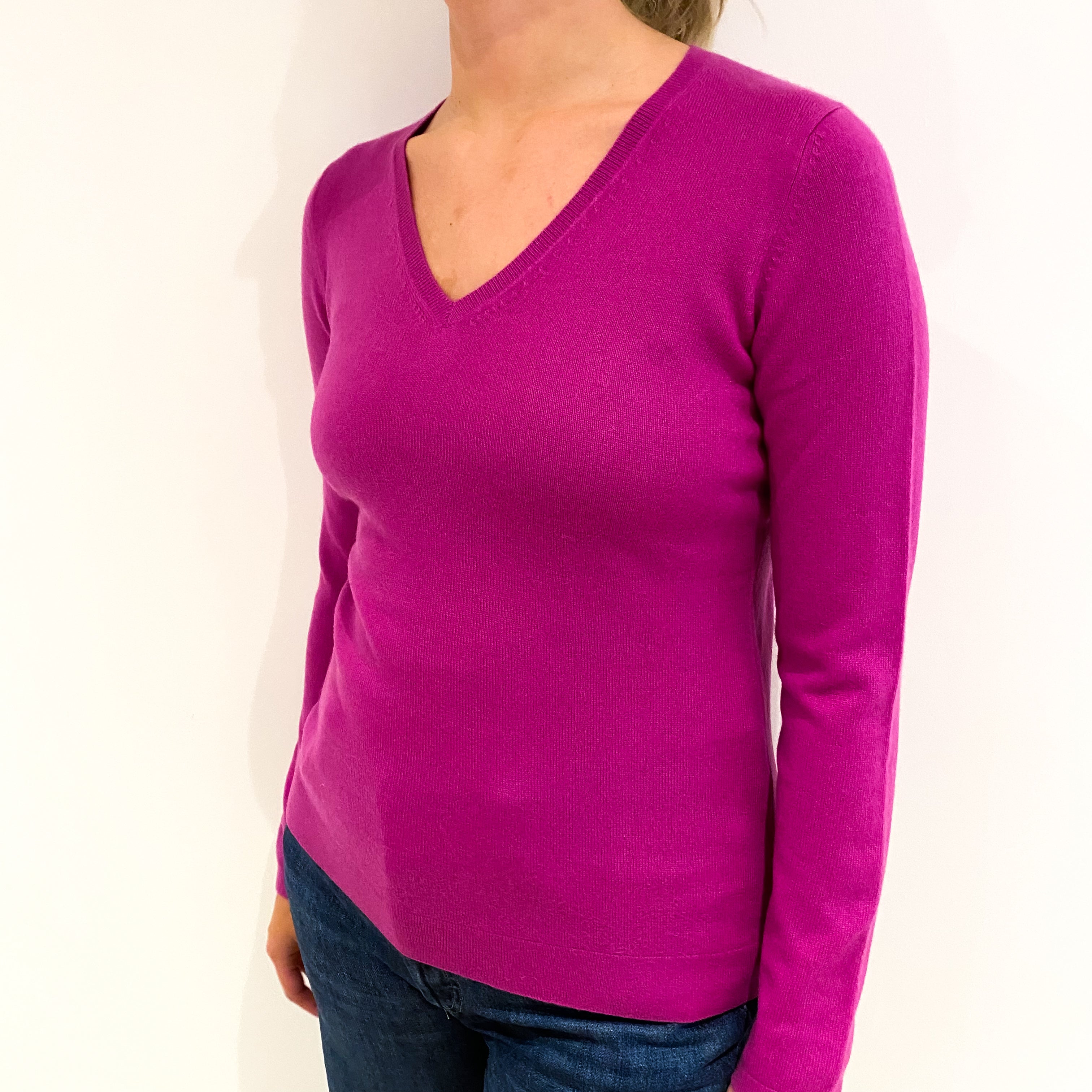 Magenta Pink Cashmere V-Neck Jumper Small