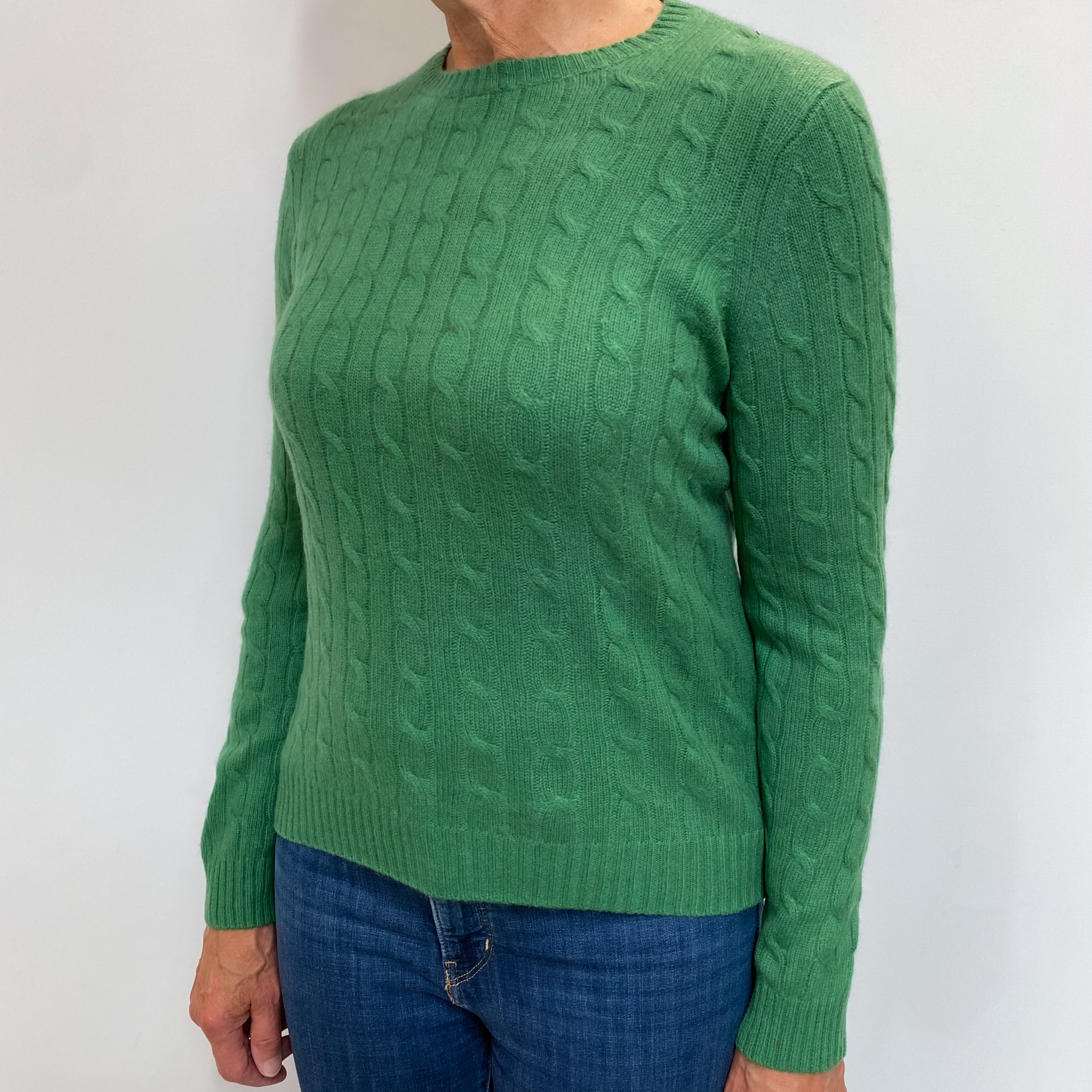 Fern Green Cashmere Crew Neck Cable Knit Jumper Medium