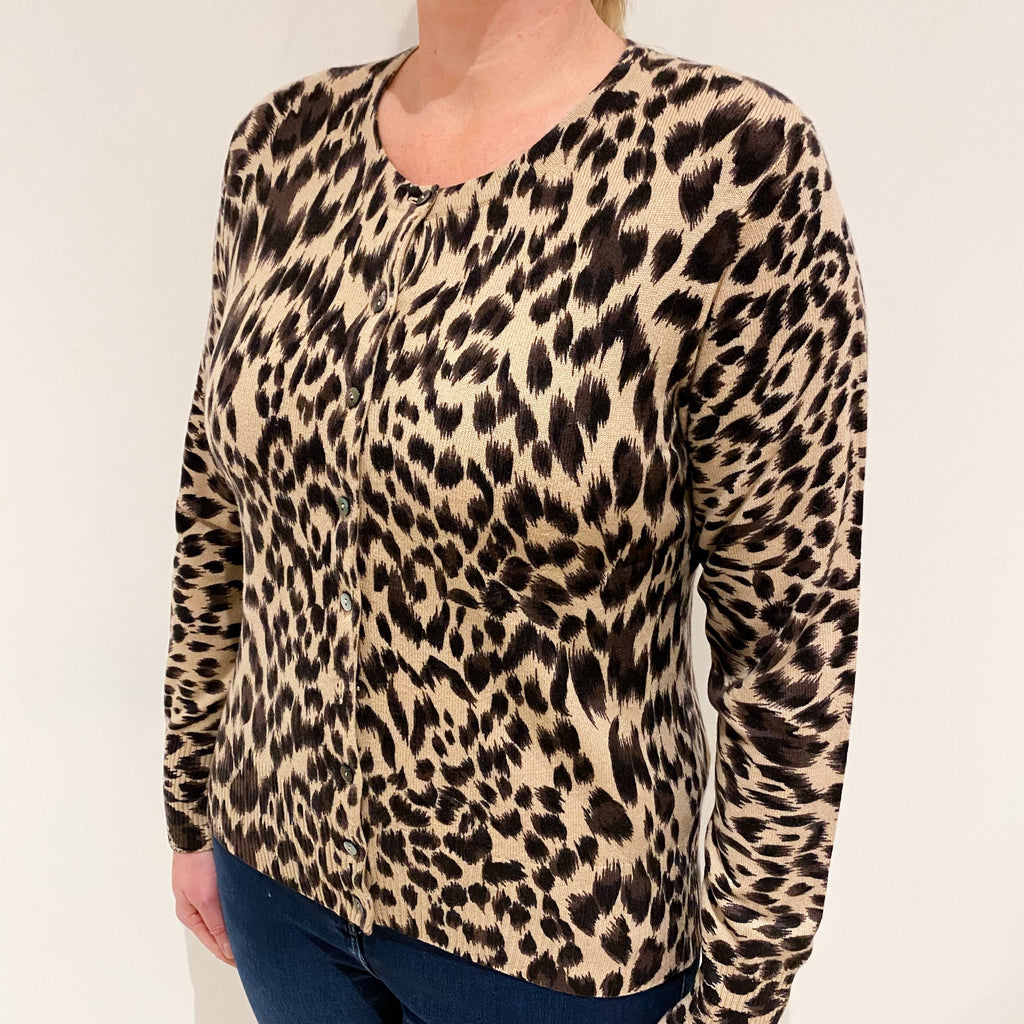 Animal Print Crew Neck Cashmere Cardigan Large