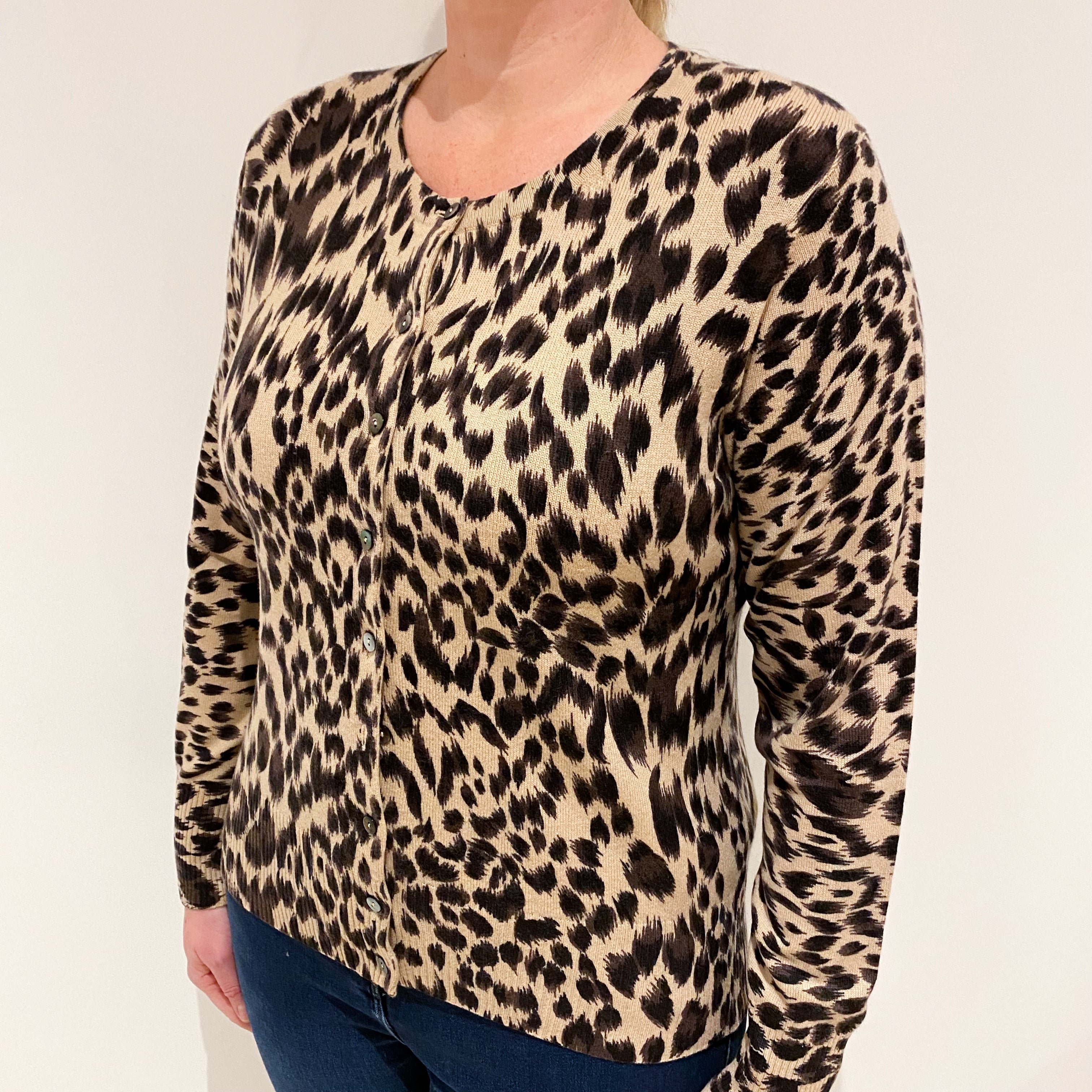 Animal Print Crew Neck Cashmere Cardigan Large