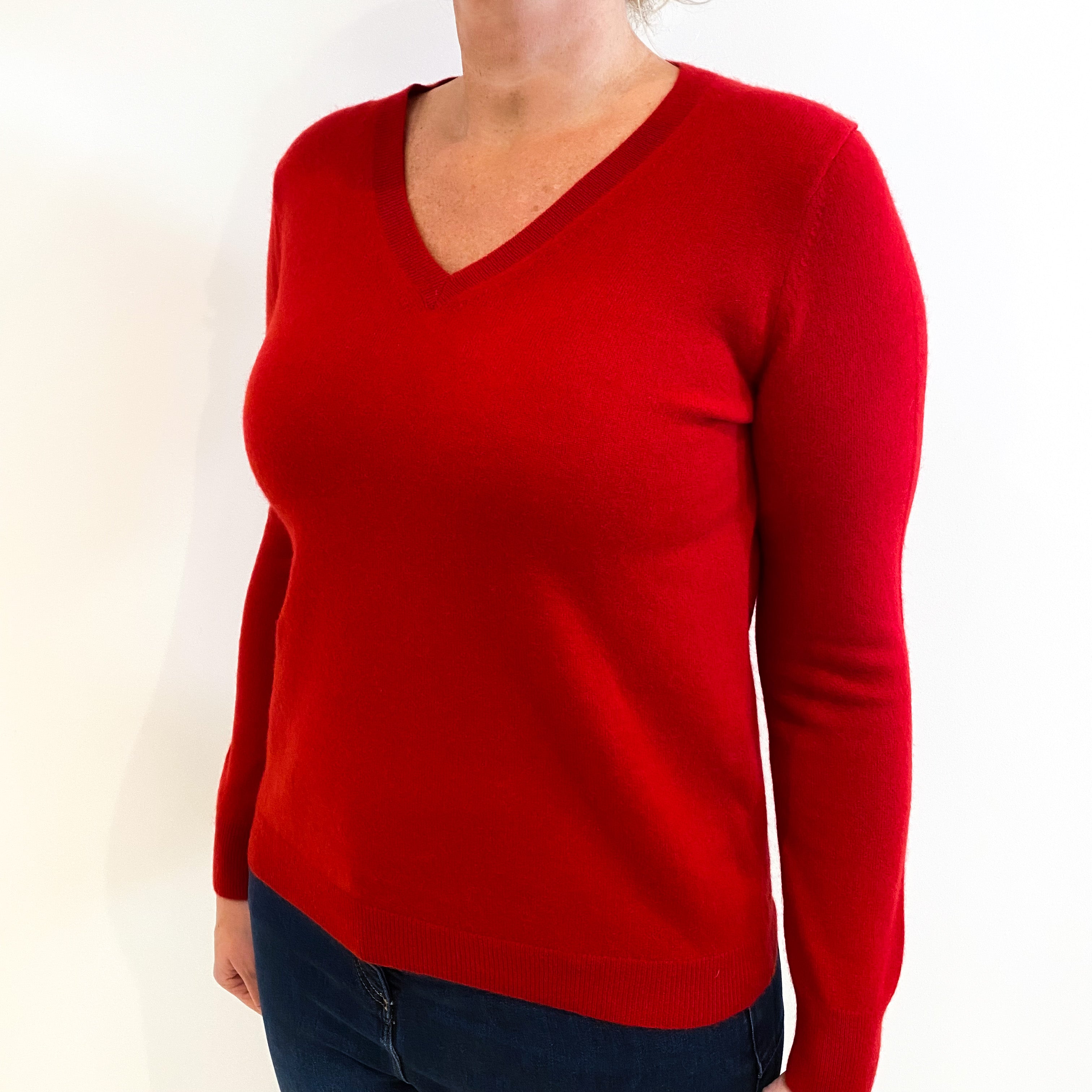 Post Box Red Cashmere V-Neck Jumper Large