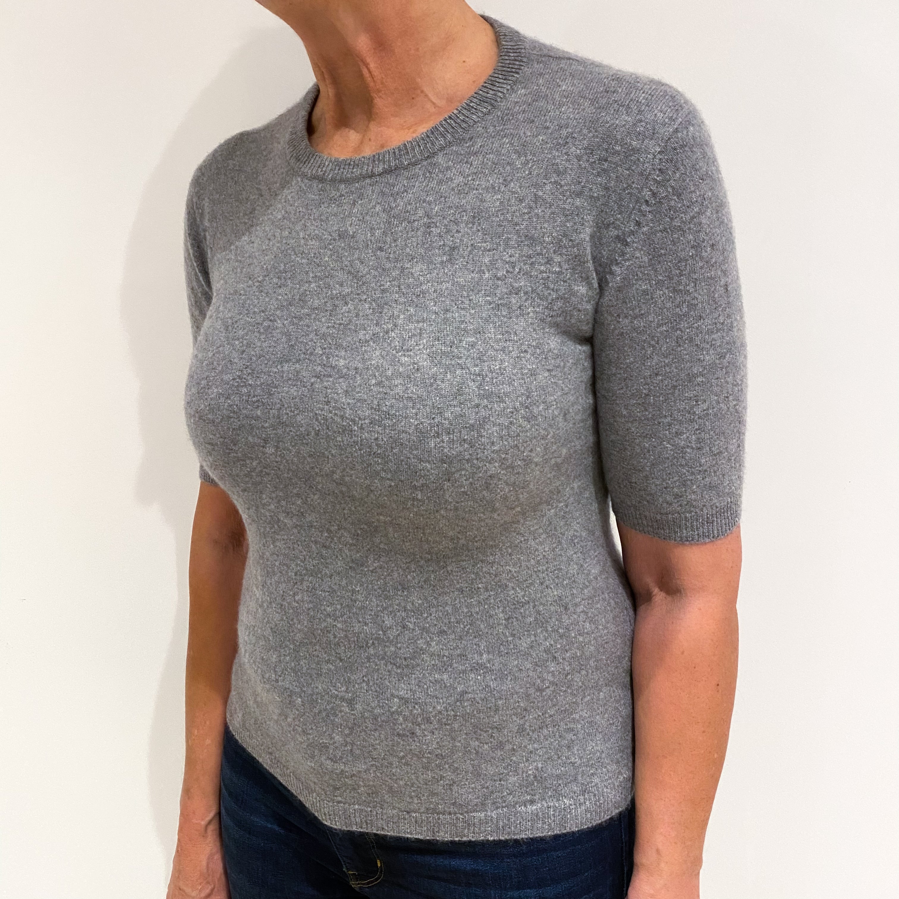 Ash Grey Cashmere Short Sleeve Crew Neck Jumper Medium