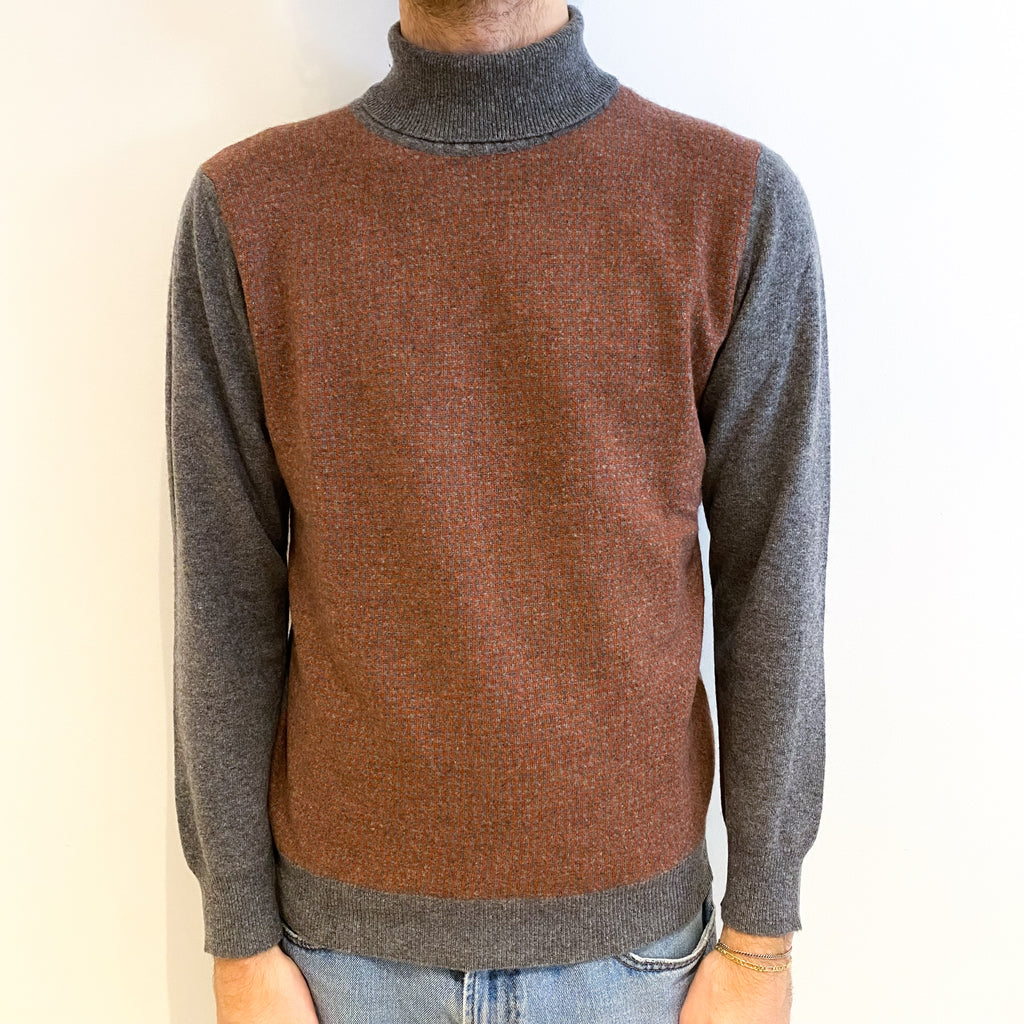Men's Italian Slate Grey And Orange Cashmere Polo Neck Jumper Large