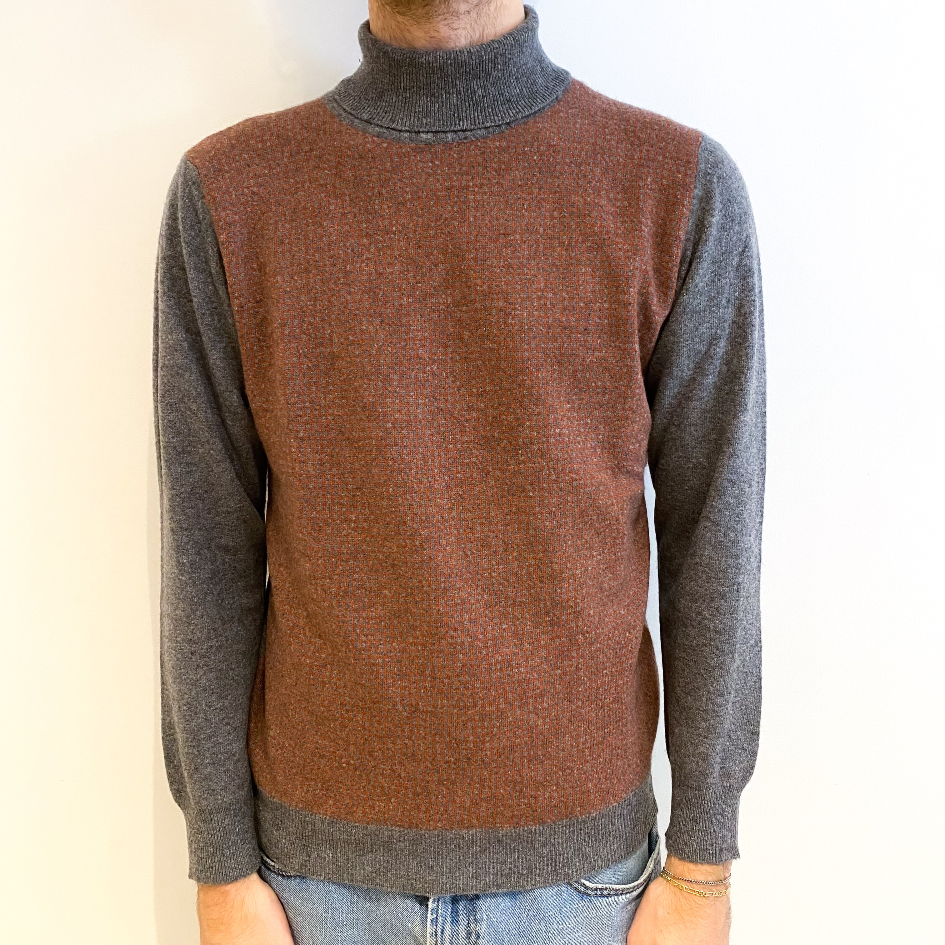 Men's Italian Slate Grey And Orange Cashmere Polo Neck Jumper Large