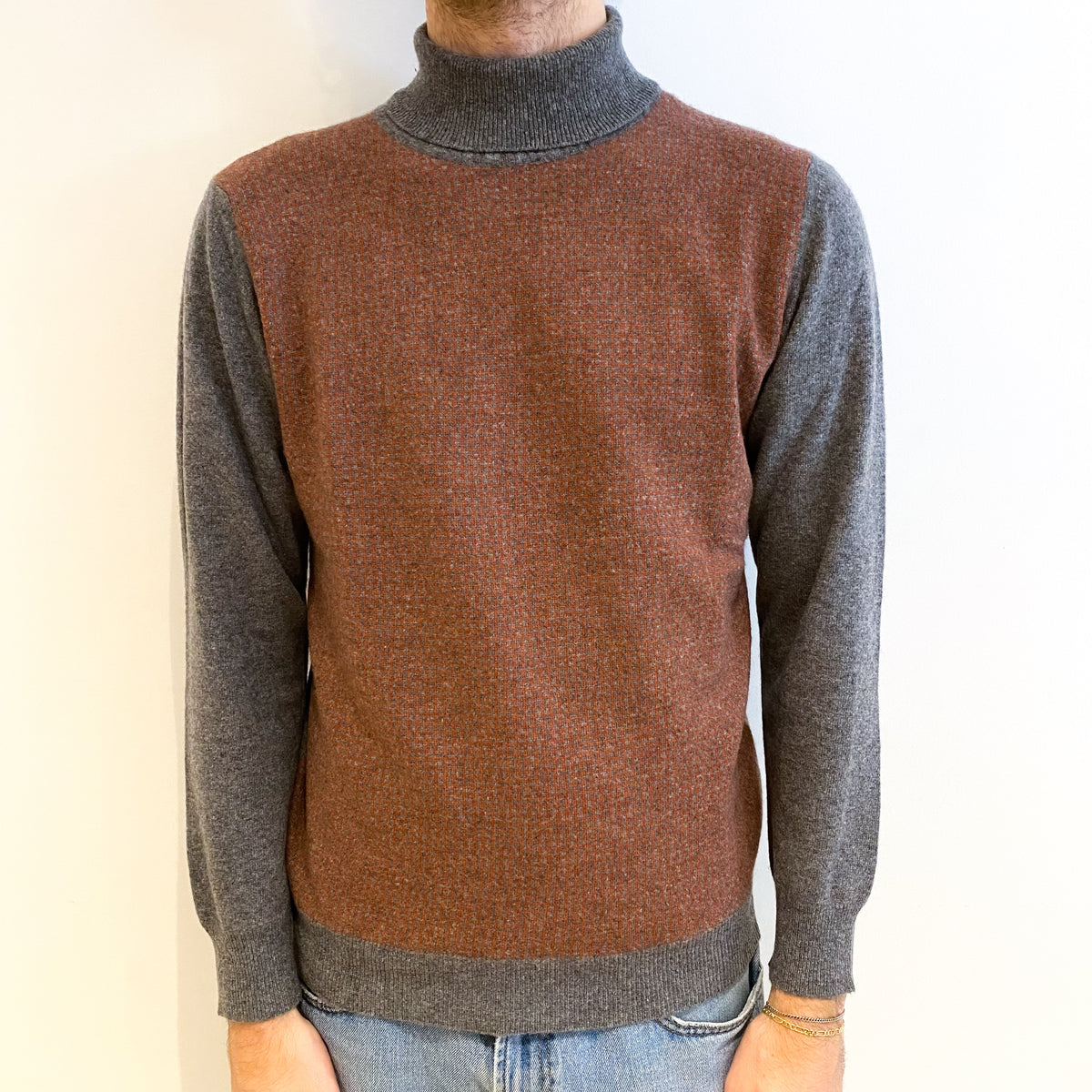 Men's Italian Slate Grey And Orange Cashmere Polo Neck Jumper Large