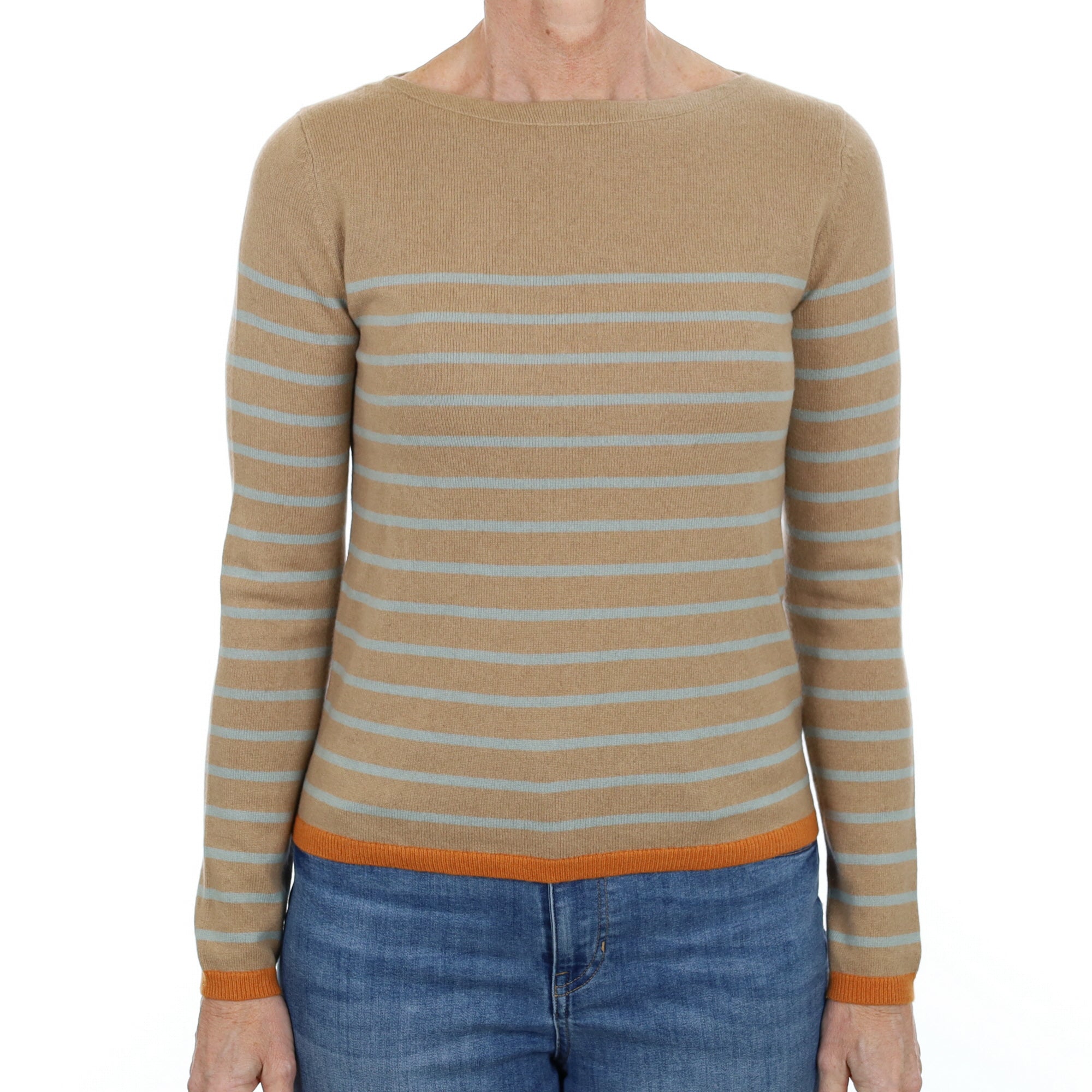 Caramel and Blue Striped Cashmere Crew Neck Jumper Small