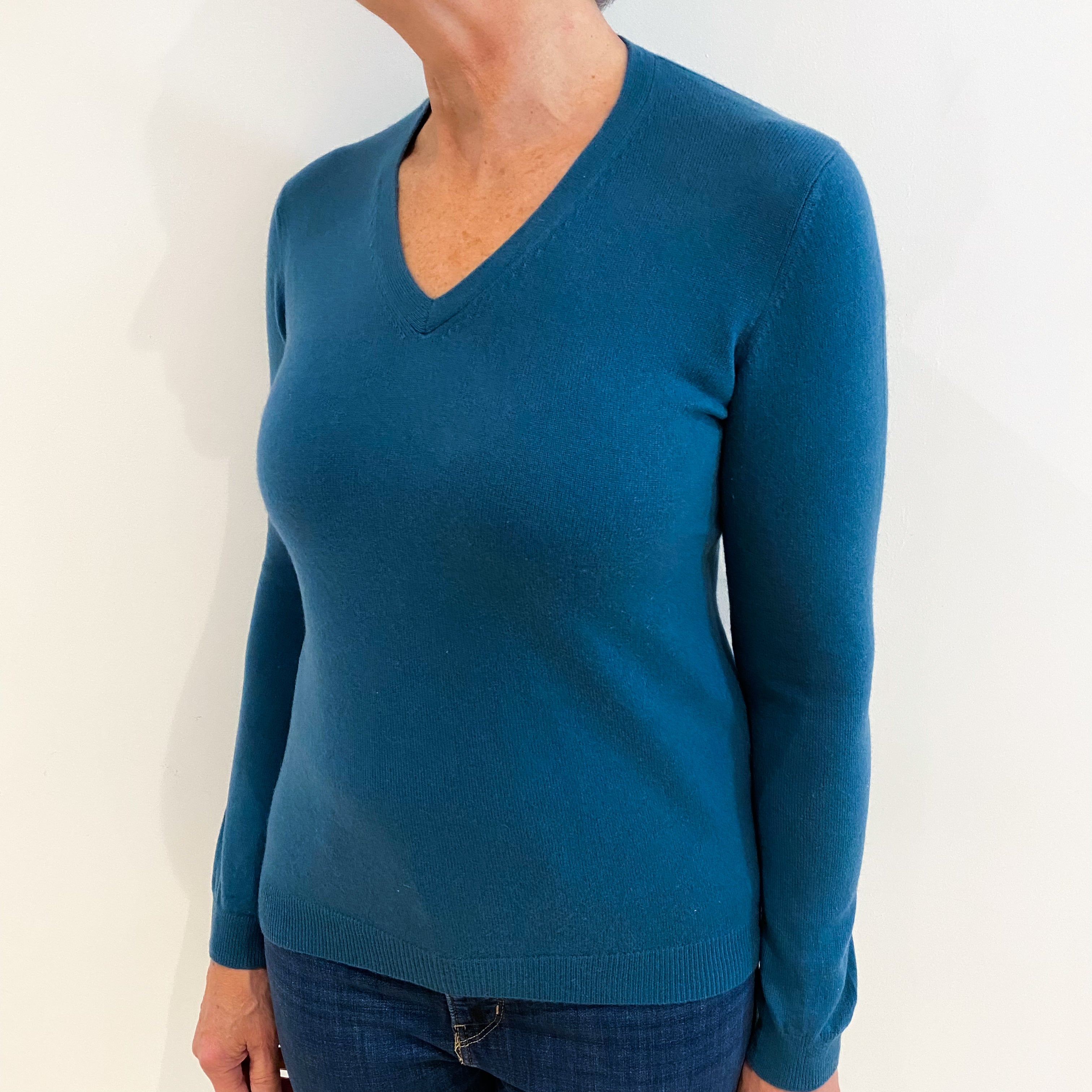 Petrol Blue Cashmere V Neck Jumper Medium