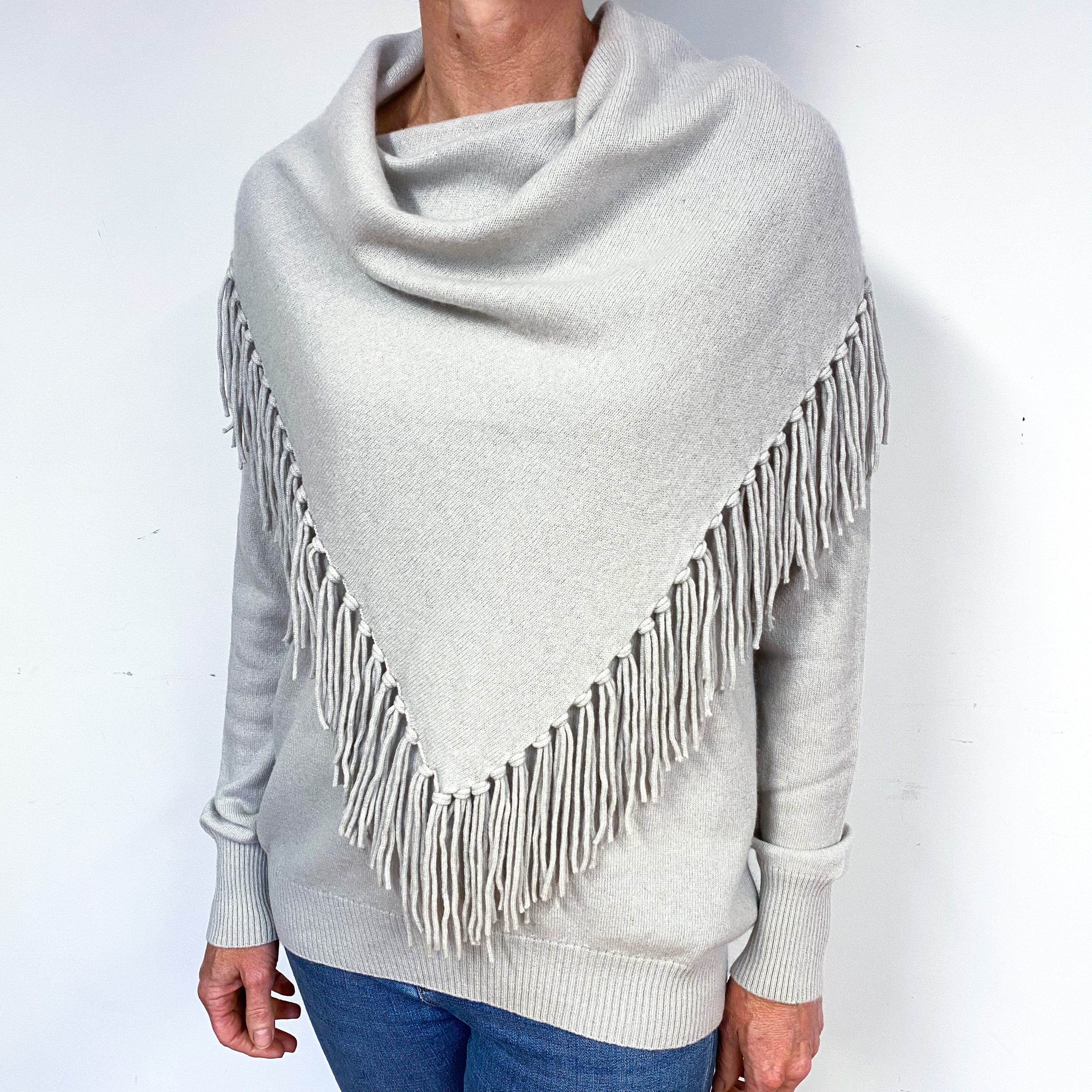 Soft Greige Cashmere Tassel Poncho Style Jumper Medium