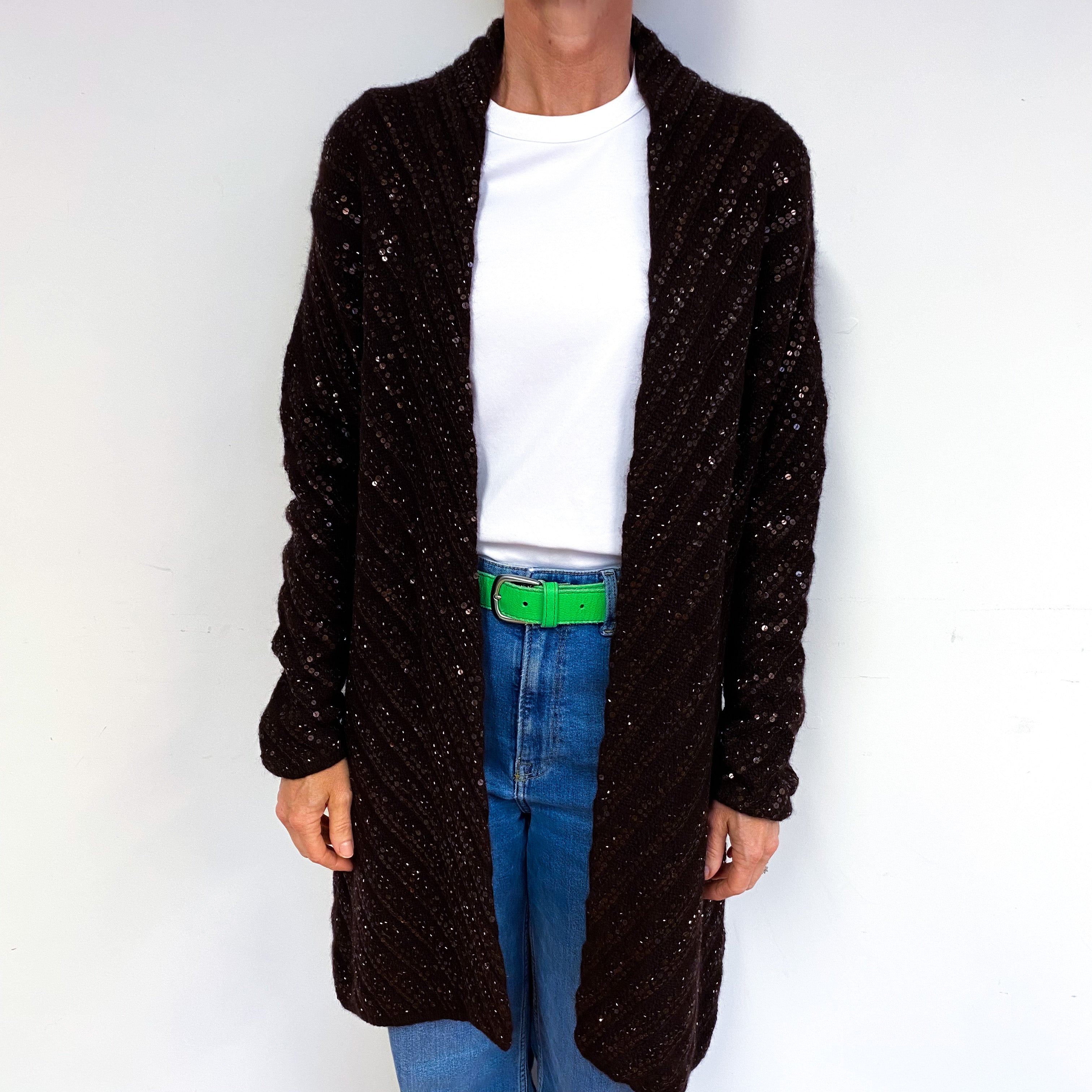 Brown Sequinned Chunky Cashmere Edge to Edge Cardigan Medium