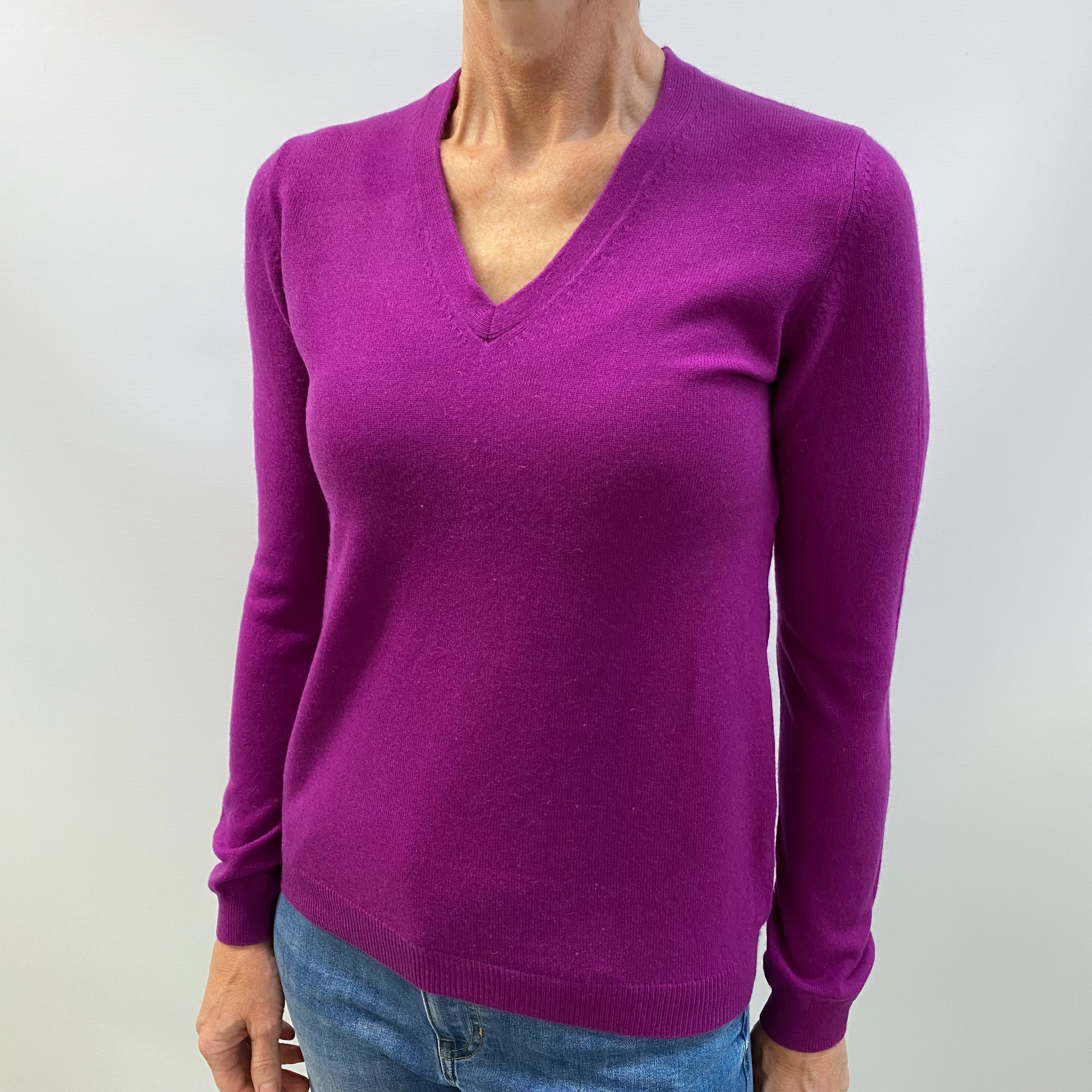 Magenta Purple Cashmere V Neck Jumper Small