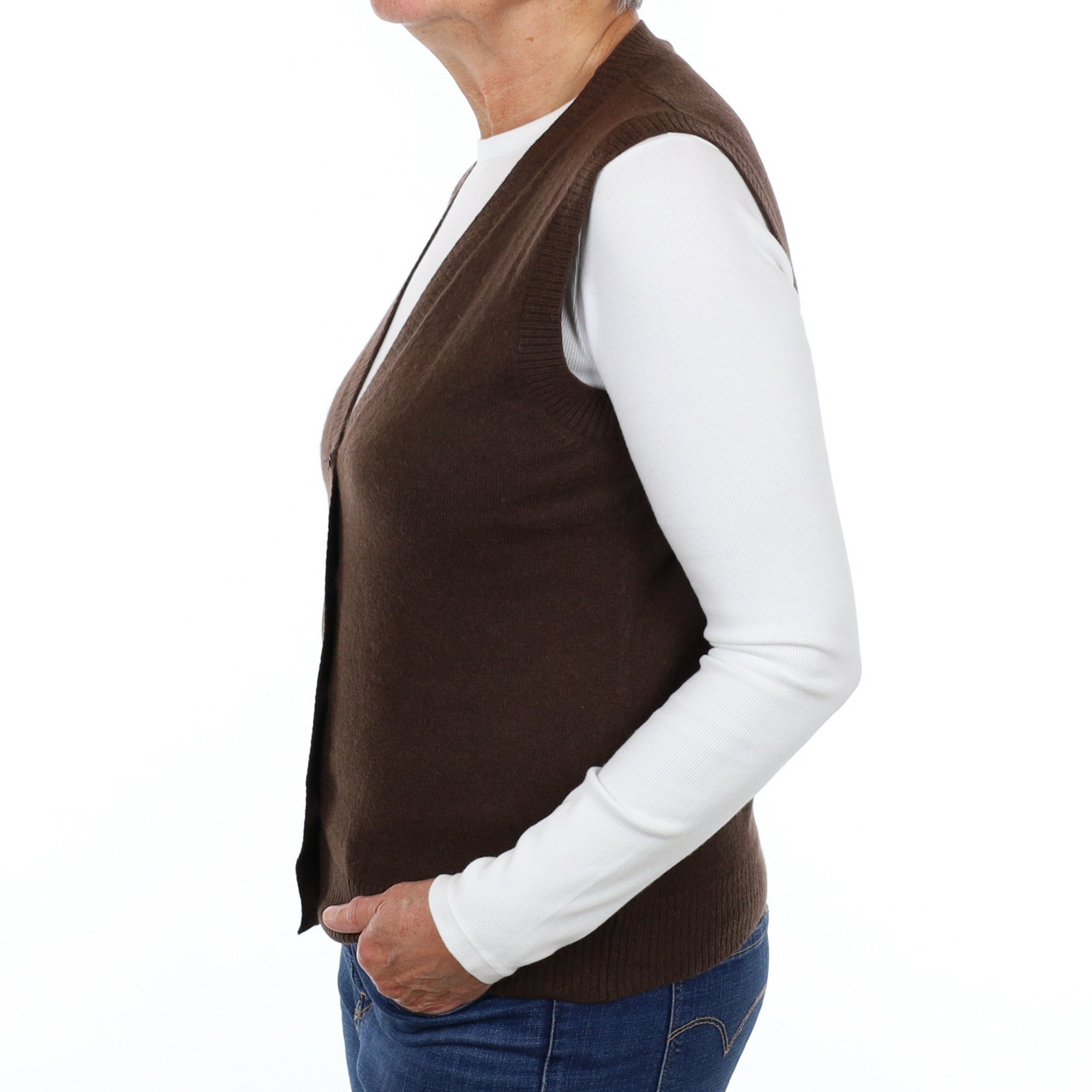 Chocolate Brown Cashmere V Neck Sleeveless Cardigan Medium