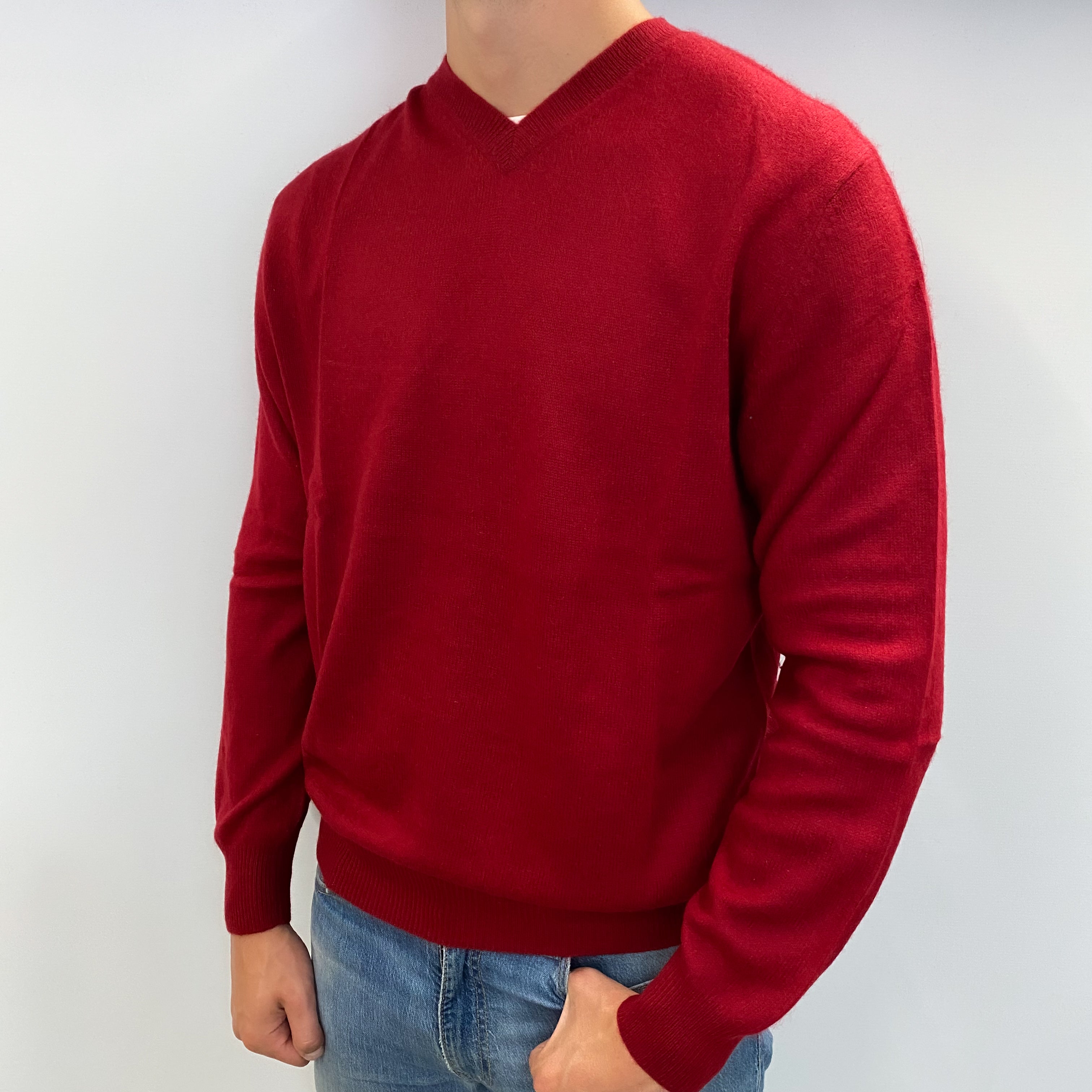Men's Crimson Red Cashmere V Neck Jumper XL