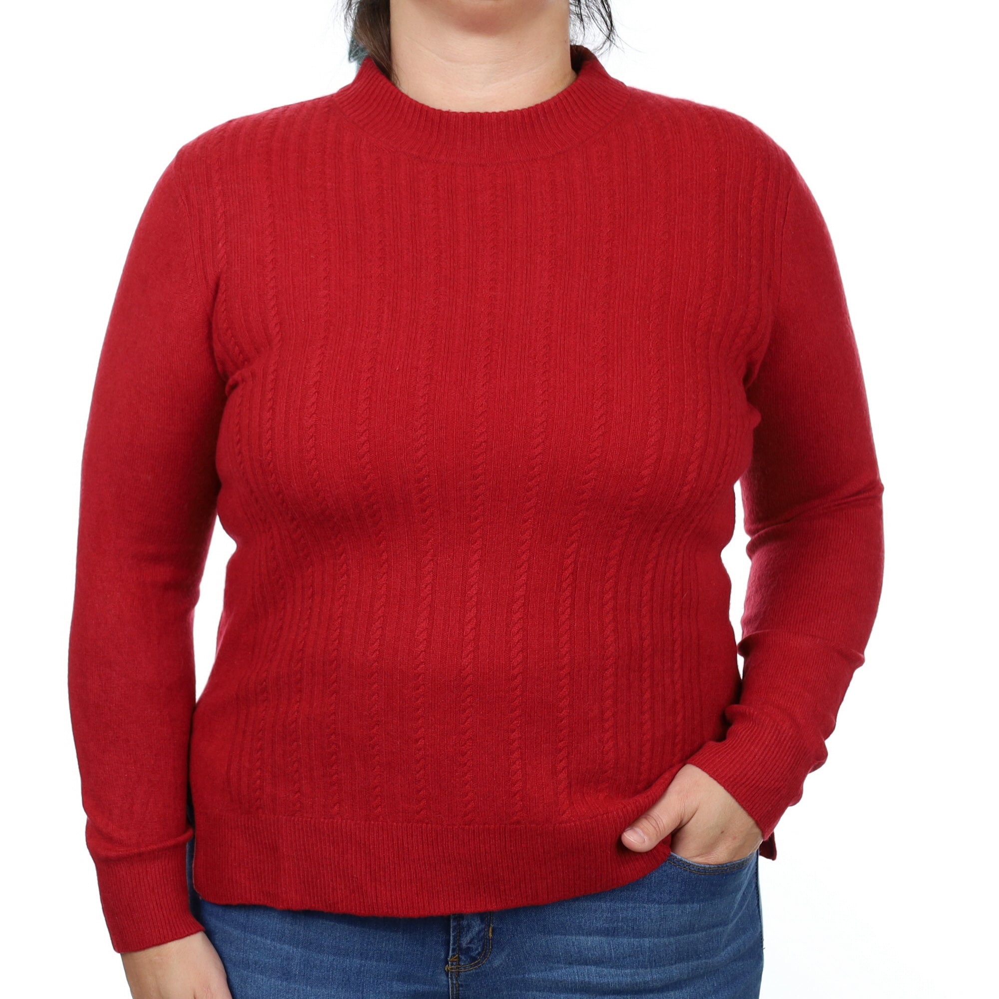 Crimson Red Cable Front Cashmere Crew Neck Jumper Large