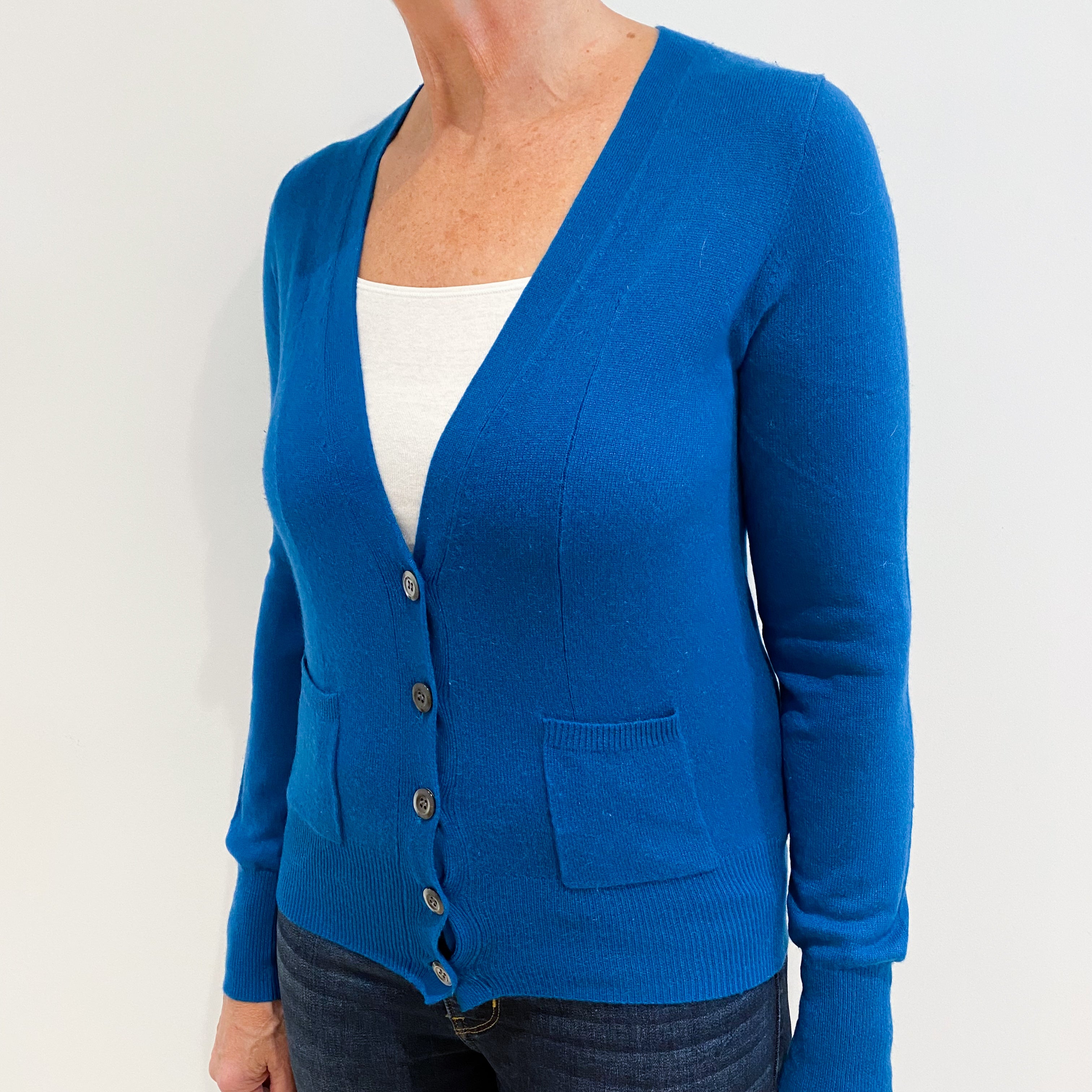 Teal Blue Cashmere V-Neck Cardigan with Pockets Medium