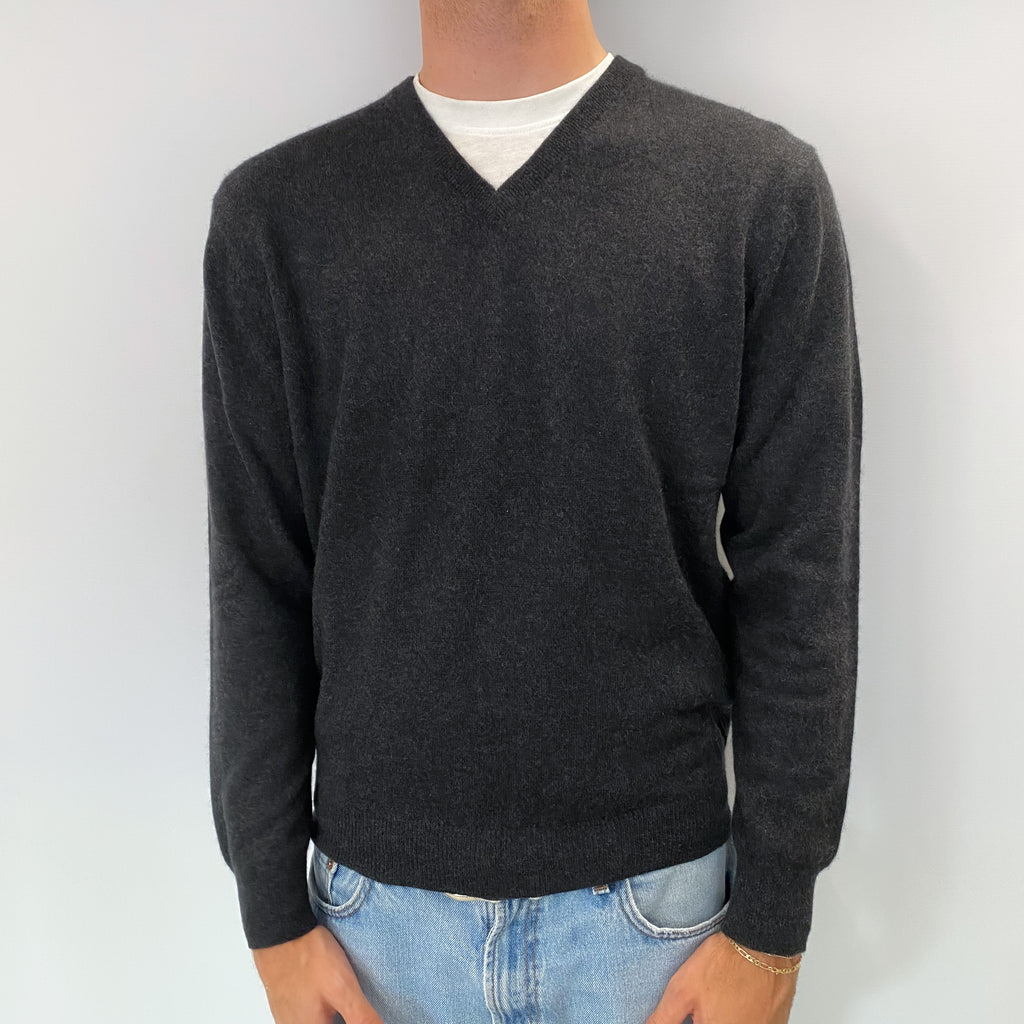 Men's Charcoal Grey Cashmere V Neck Jumper Medium