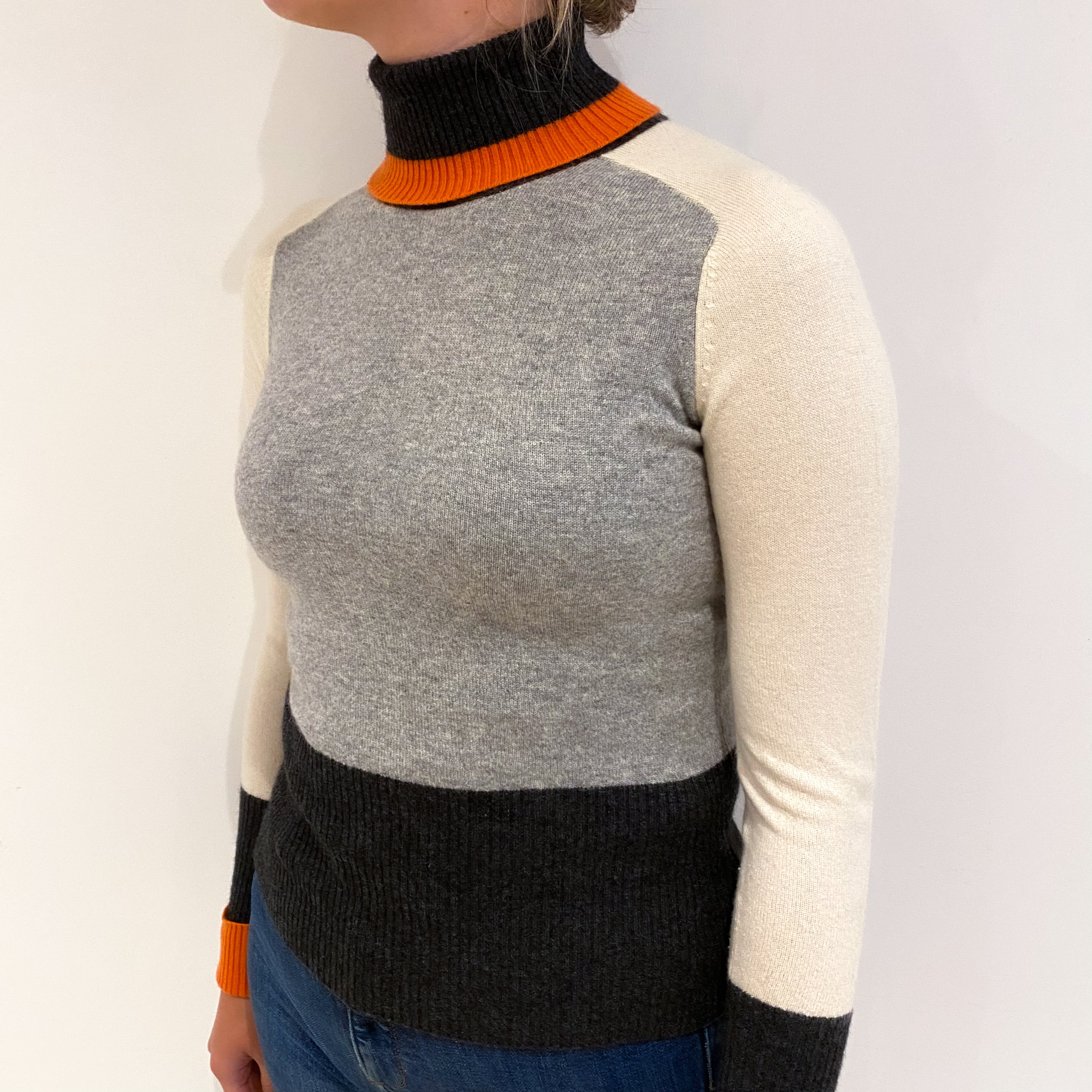 Grey Cream and Orange Cashmere Polo Neck Jumper Small