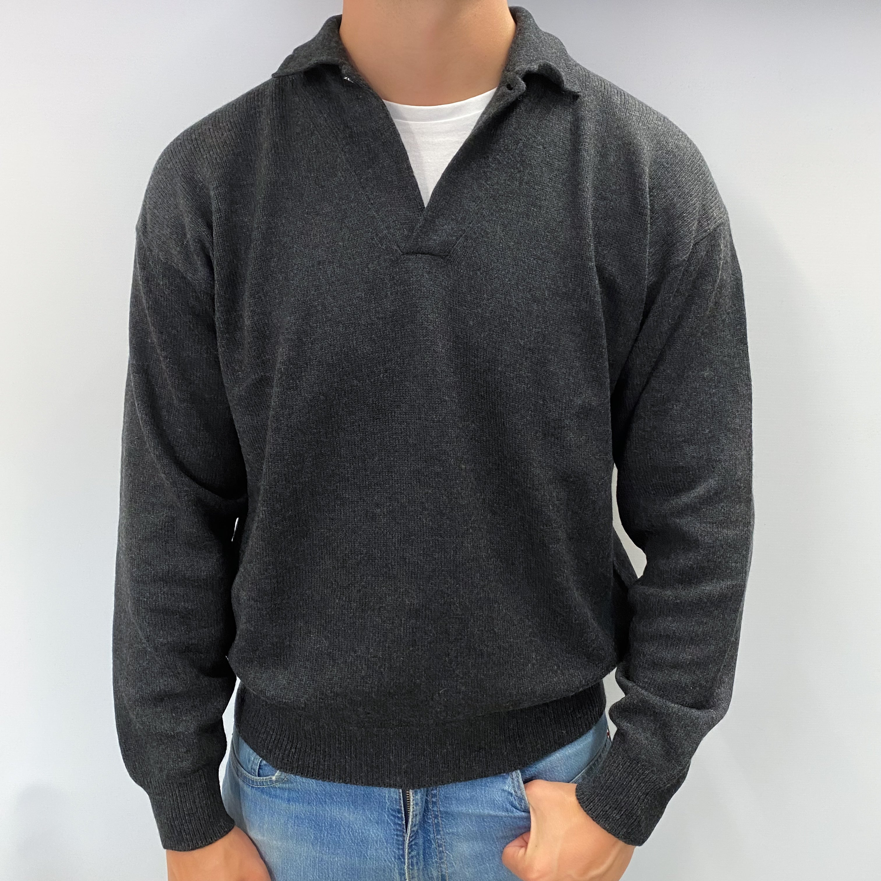 Men's Loro Piano Slate Grey Cashmere Collared V Neck Jumper XL