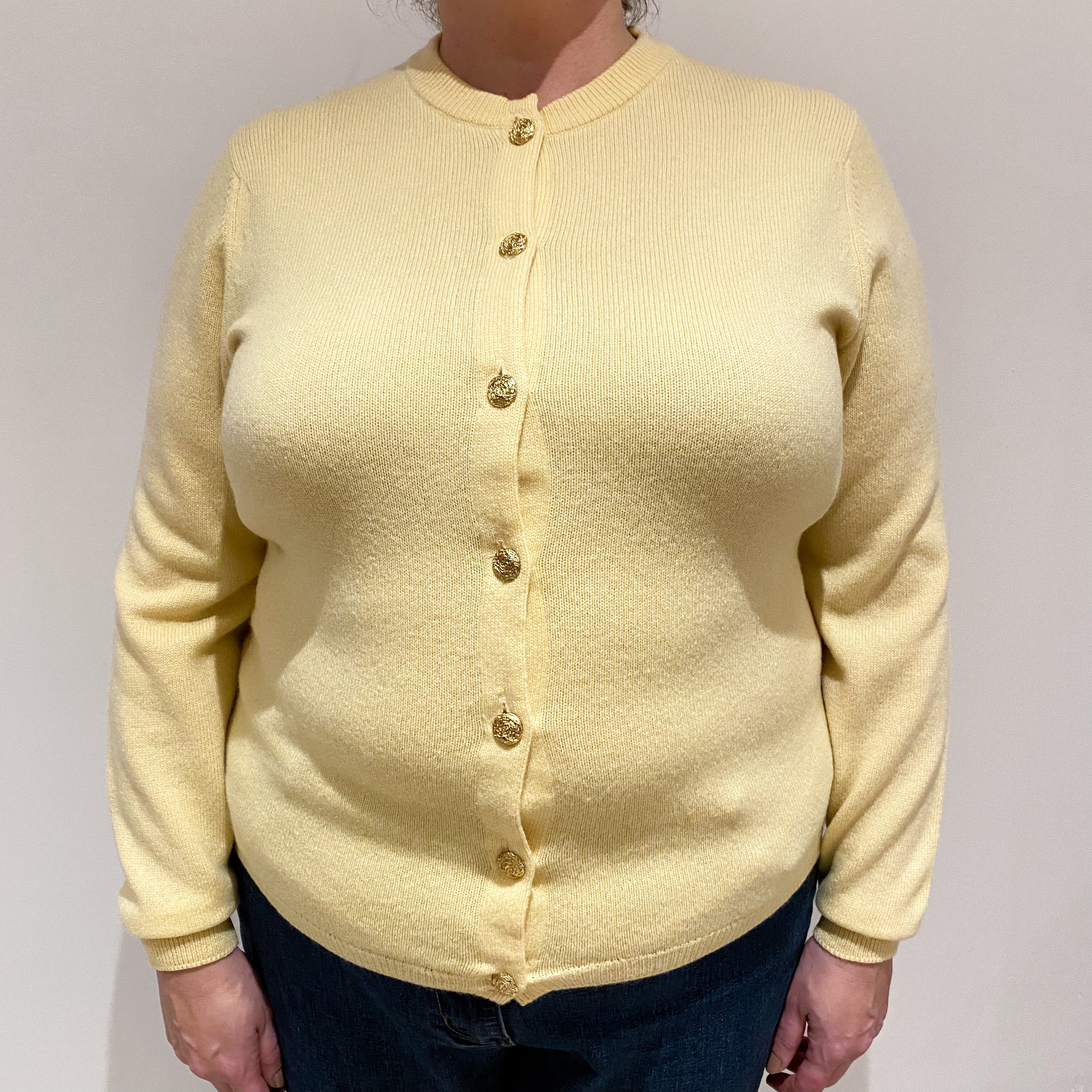 Vintage Pringle Custard Yellow Heavy Knit Cashmere Crew Cardigan Extra Large