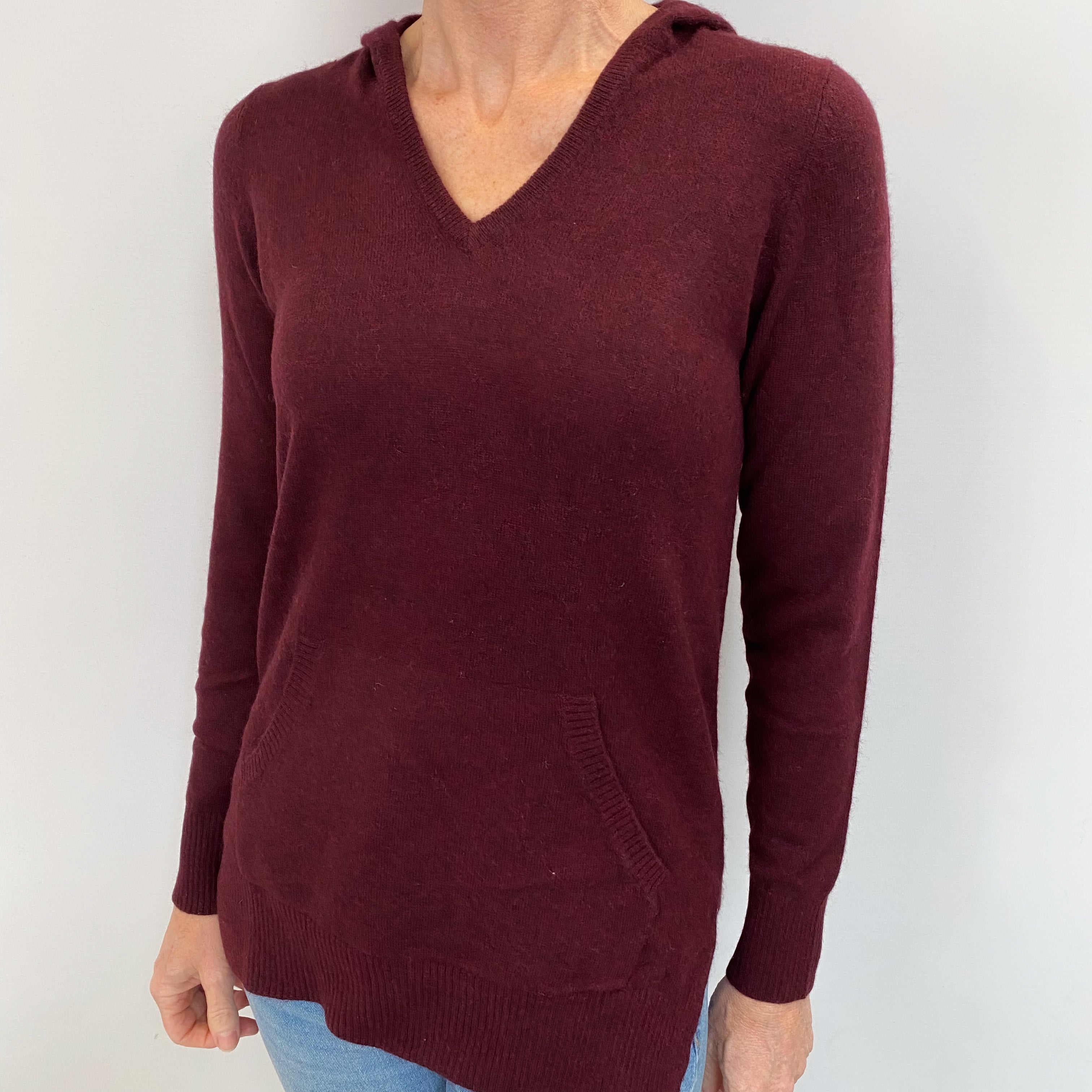 Port Red Cashmere V Neck Hoodie Jumper Small