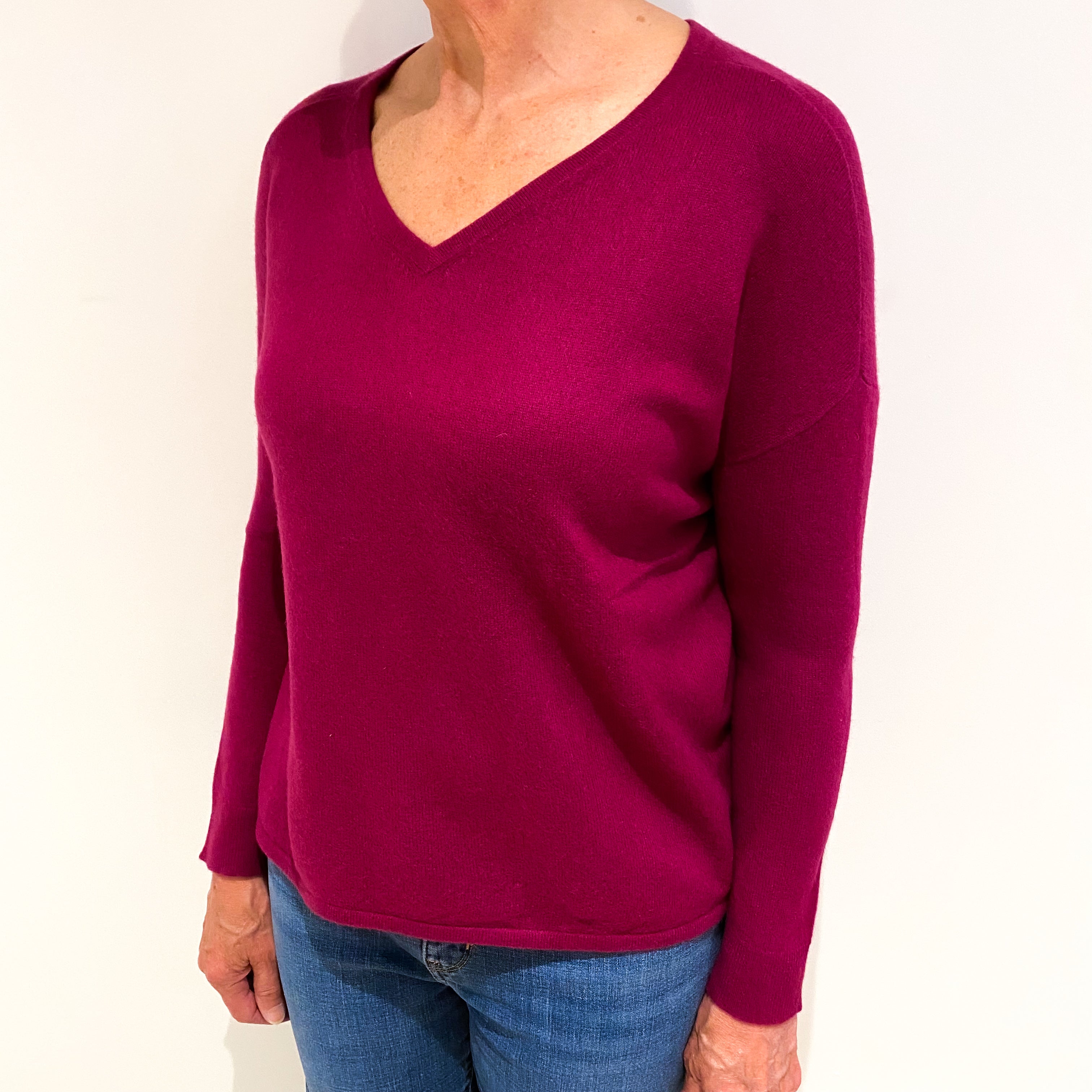 Magenta Pink Cashmere V Neck Jumper Medium