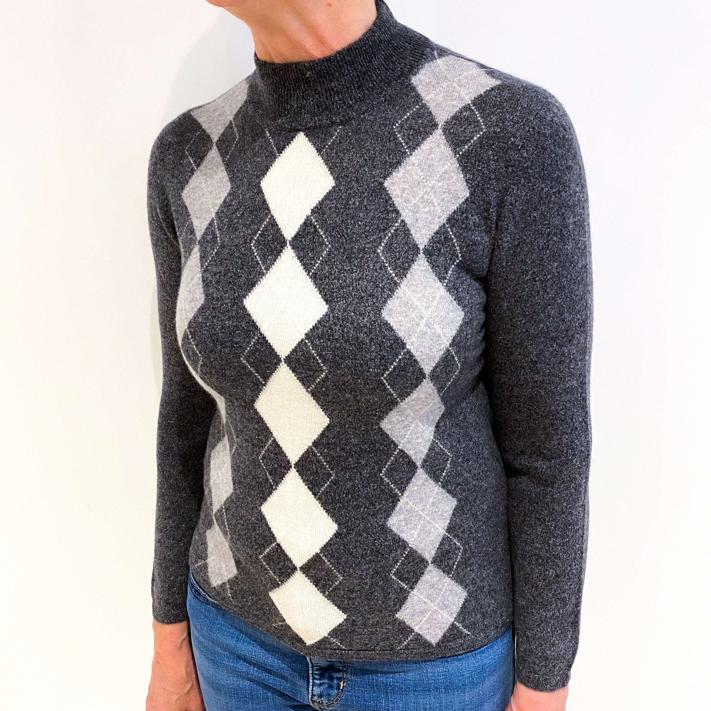 Slate Grey Marl Diamond Pattern Cashmere Turtle Neck Jumper Medium