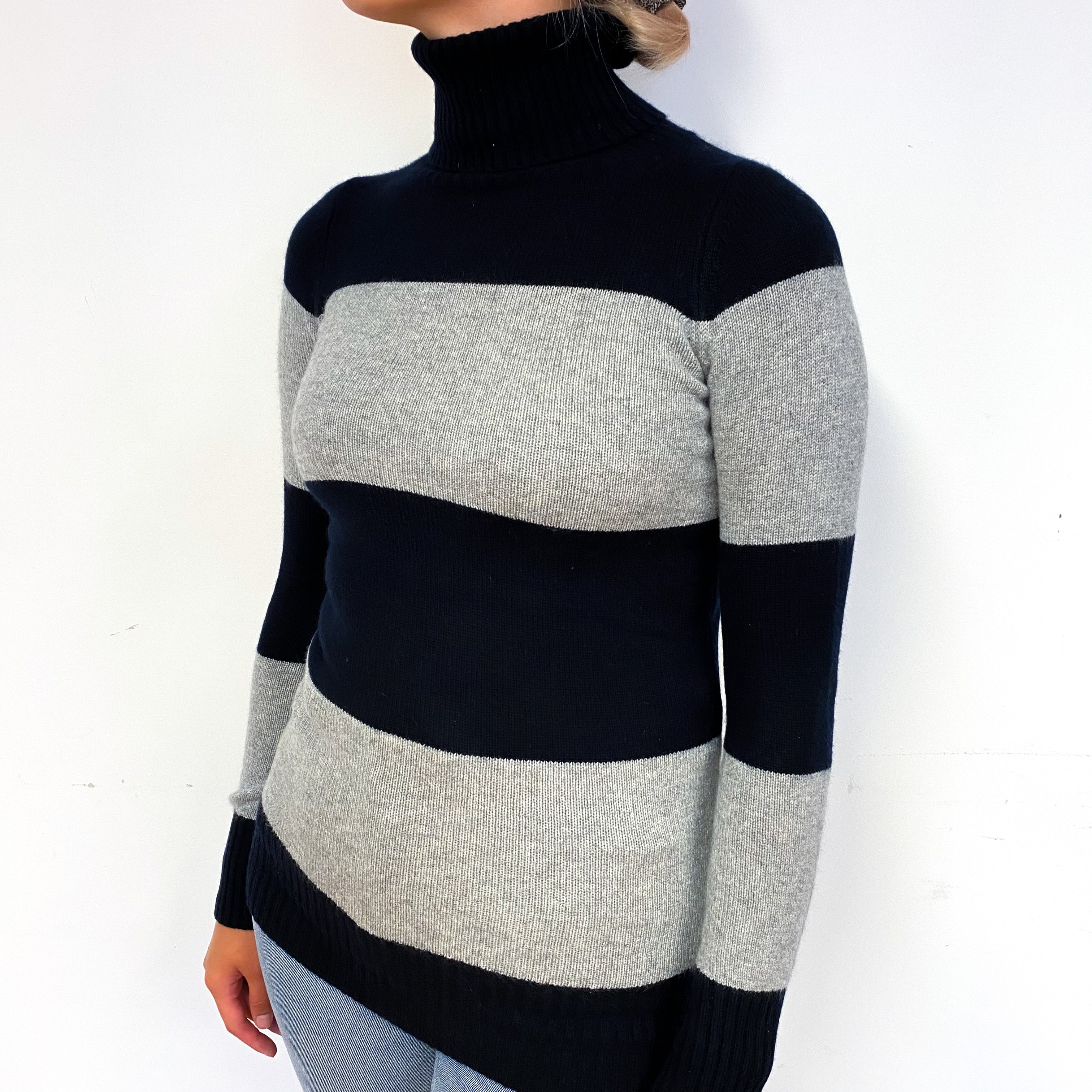 Black Grey Striped Cashmere Polo Neck Jumper Small