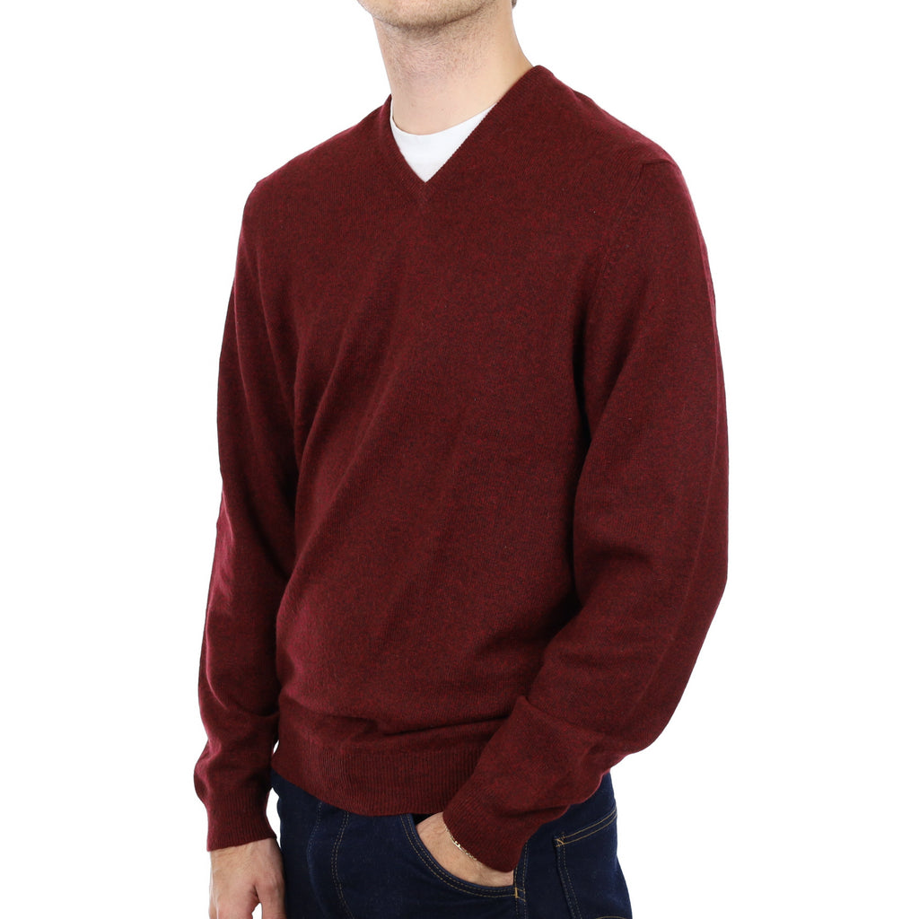 Men's English Burgundy Marl Cashmere V Neck Jumper Medium
