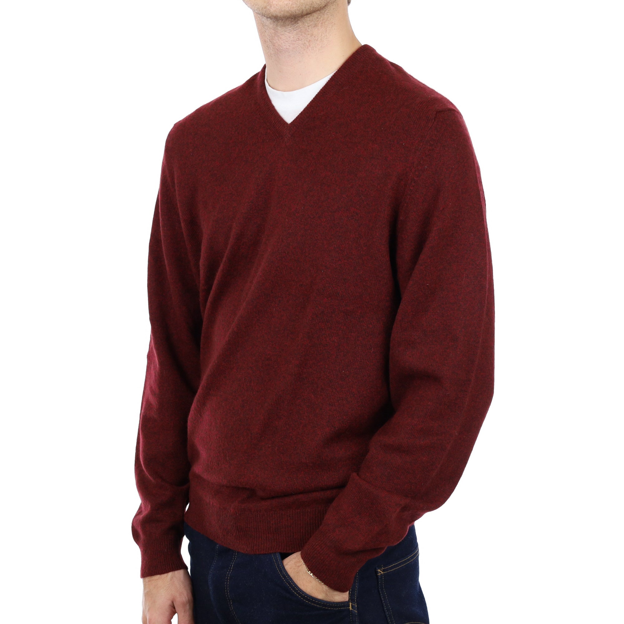Men's English Burgundy Marl Cashmere V Neck Jumper Medium