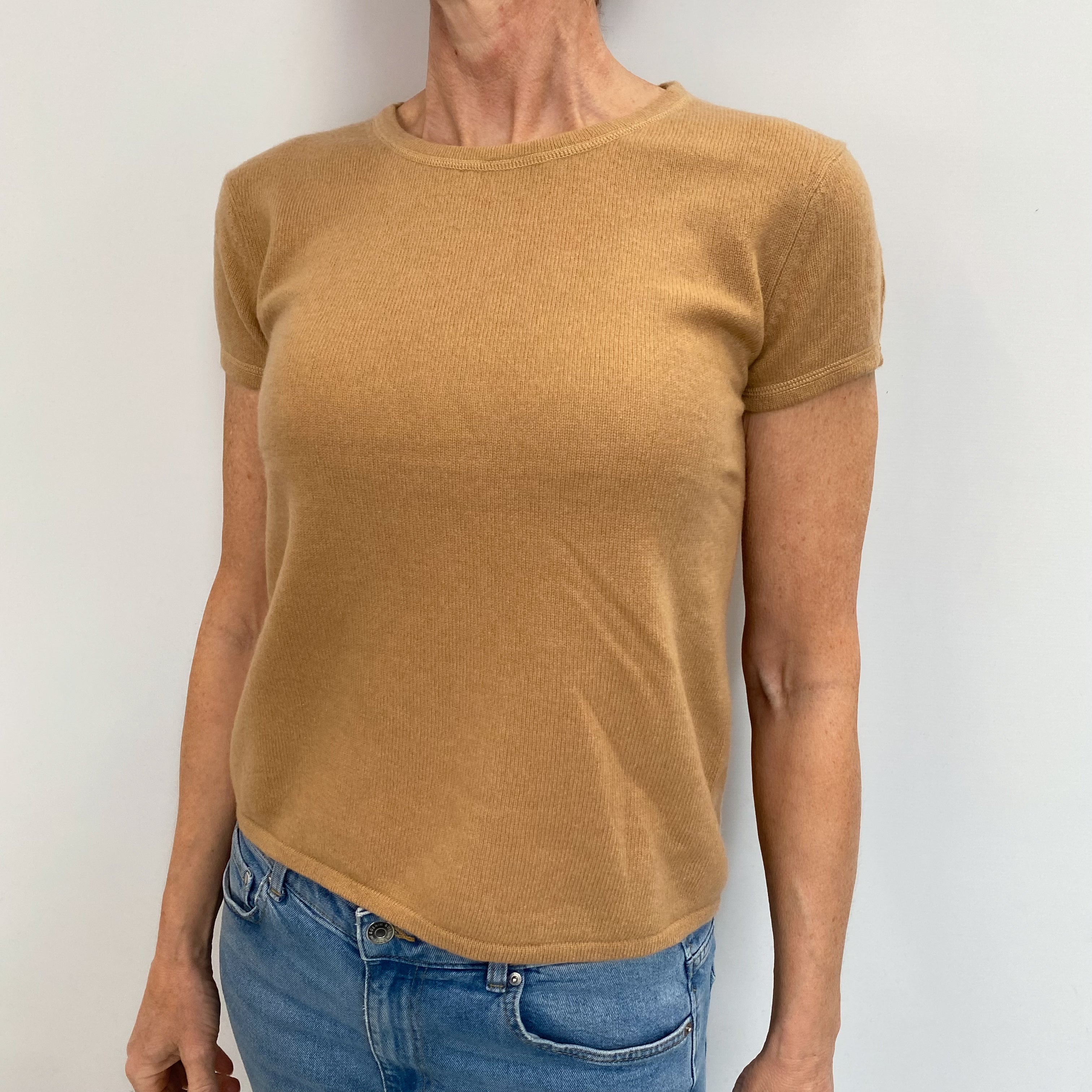 Camel Brown Cashmere Short Sleeved Crew Neck Jumper Small