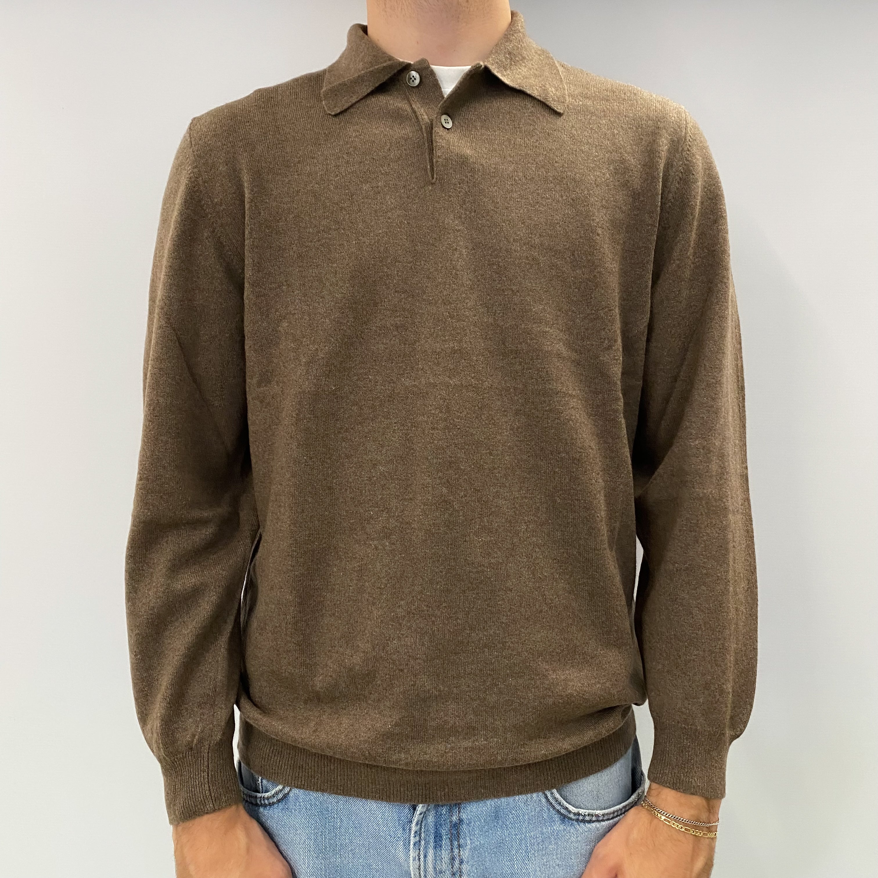 Men's Mocha Brown Cashmere  1/4 Button Collared Jumper Large