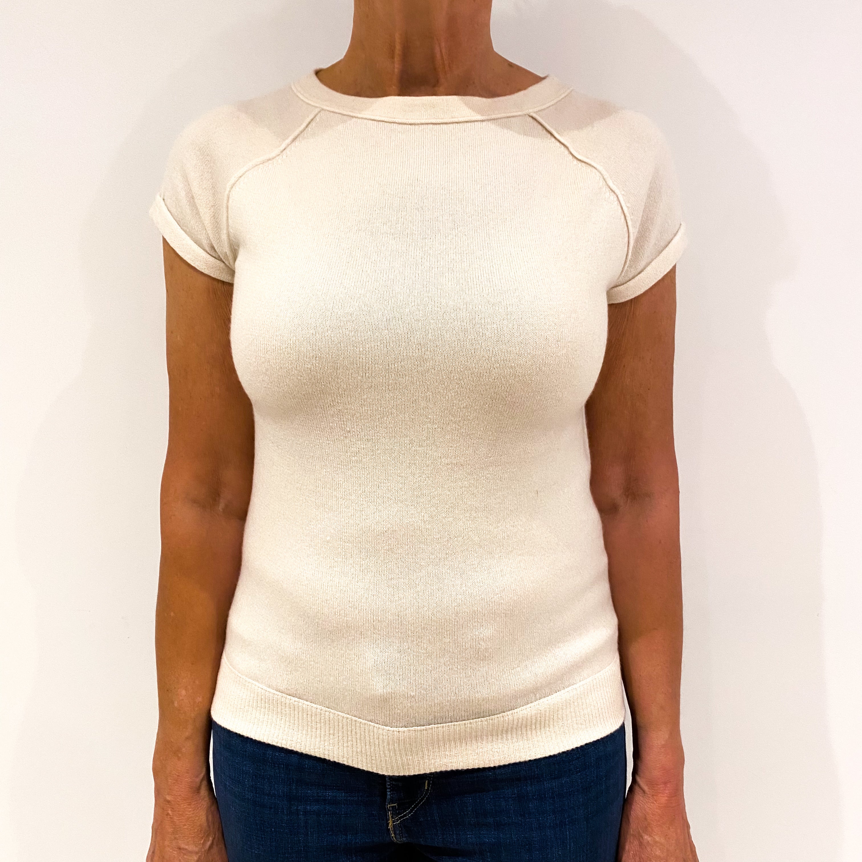 Cream Short Sleeved Cashmere Crew Neck Jumper Medium