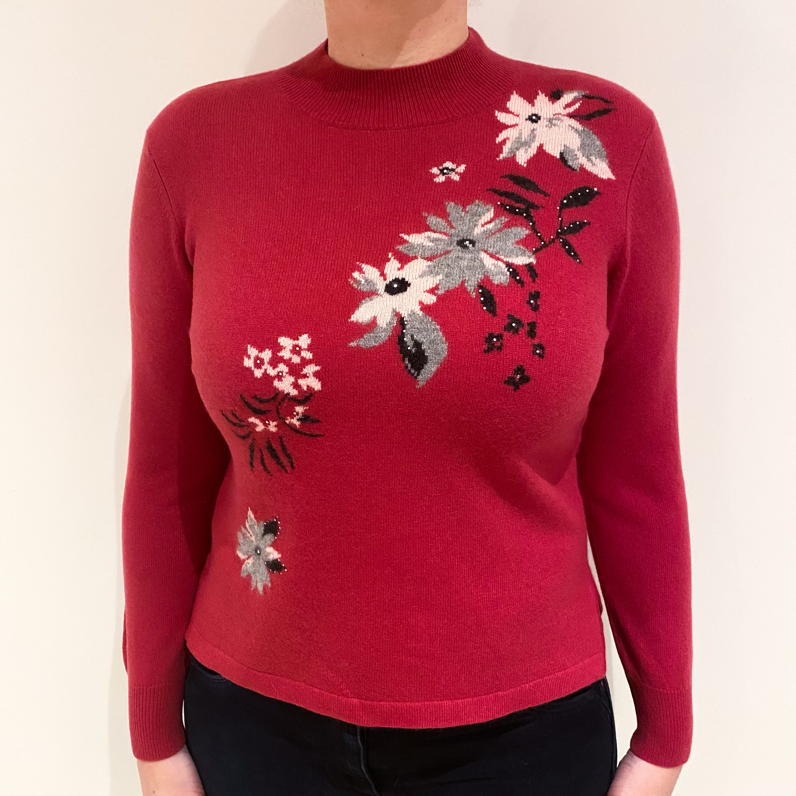 Raspberry Pink Flower Cashmere Turtle Neck Jumper Large